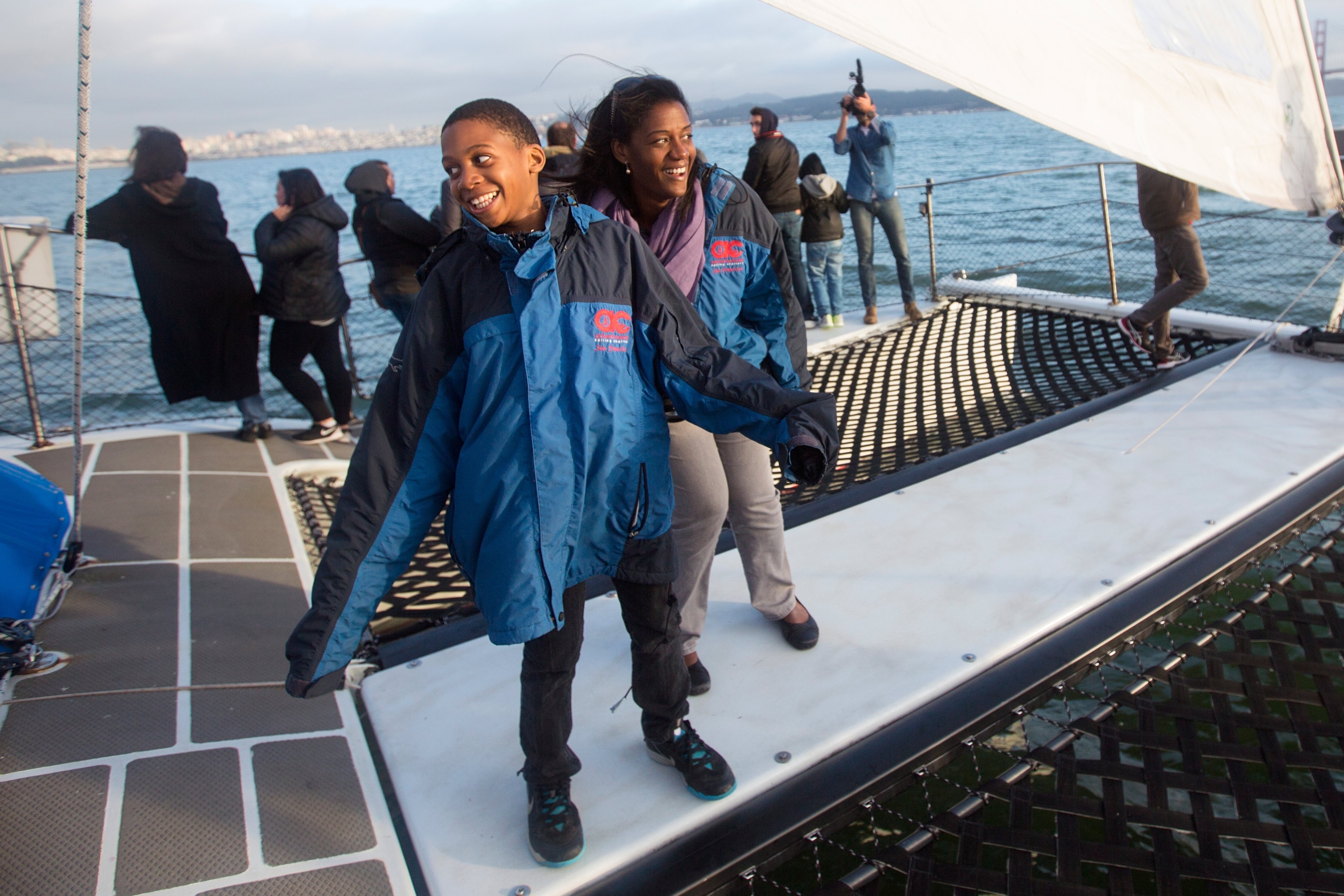guests on a catamaran in the Bay of San Francisco