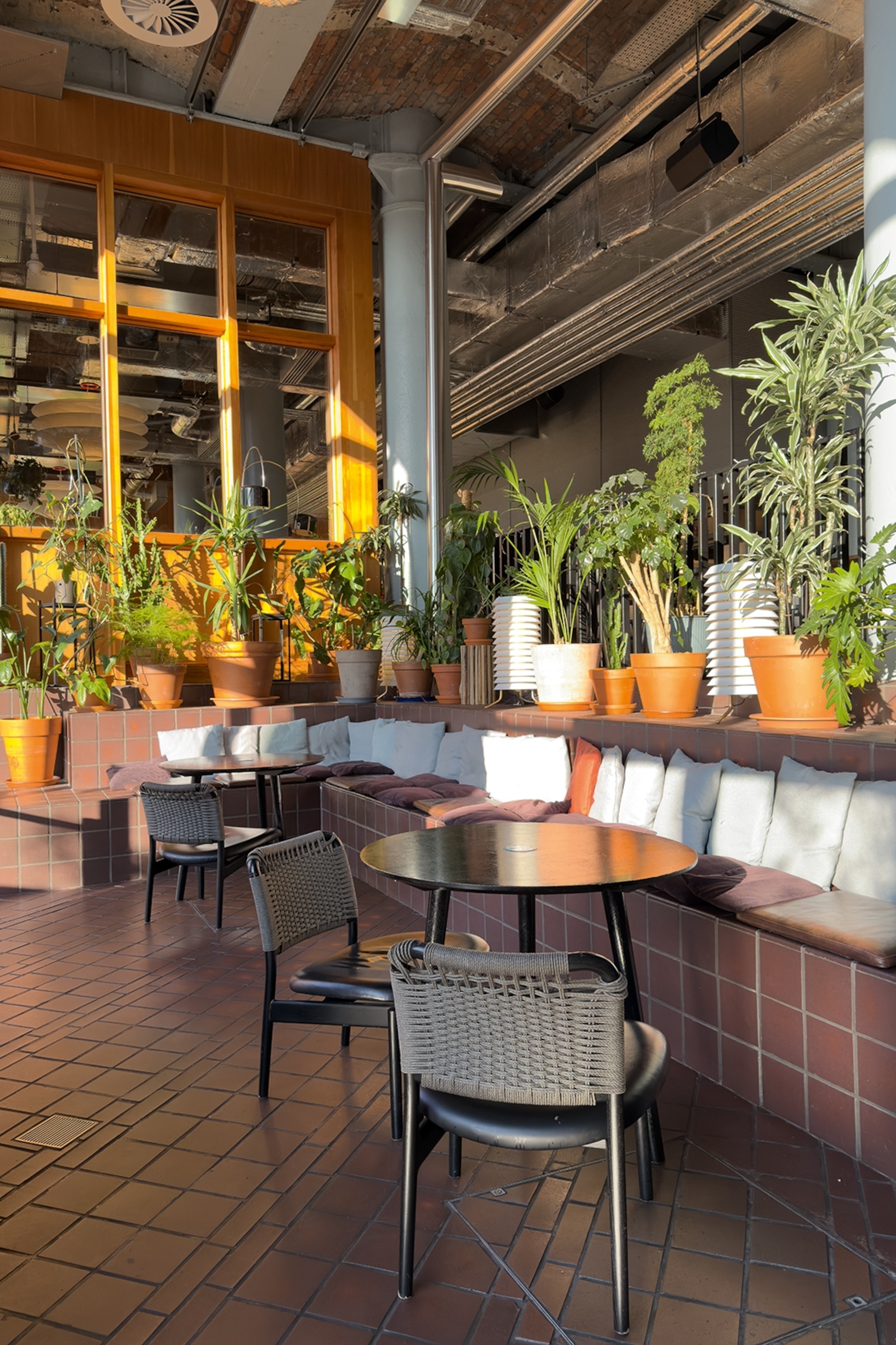 A lounge area with a bench, tables and lots of plants as decoration.