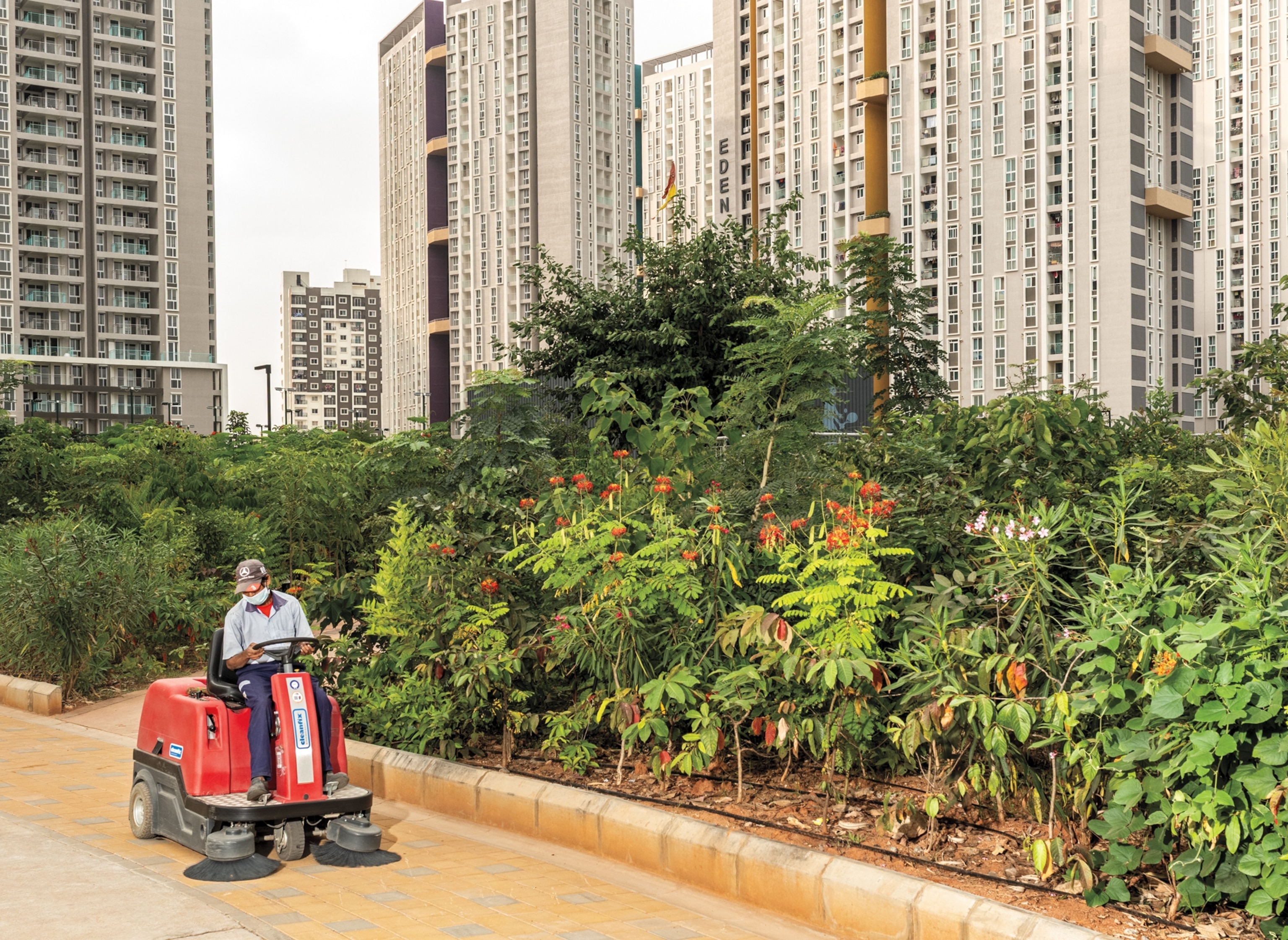 A masked person sits on a red floor sweeper, with greenery and high rises in the background.