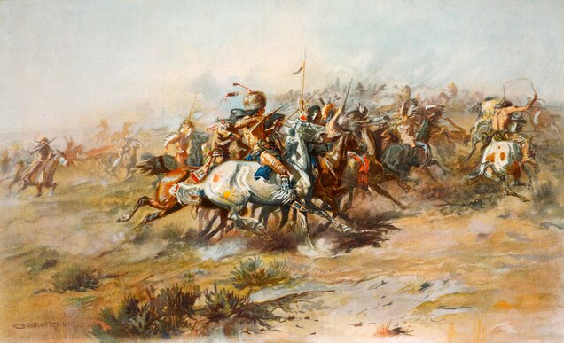 "The Custer Fight" by Charles Marion Russell depicts George Armstrong Custer's last stand at the Battle of Little Big Horn from the Indian side.