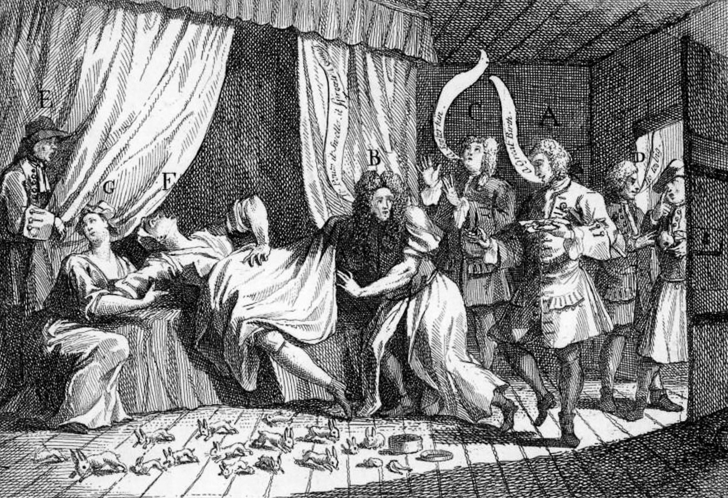 An illustration depicts Mary Toft giving birth to 16 rabbits.