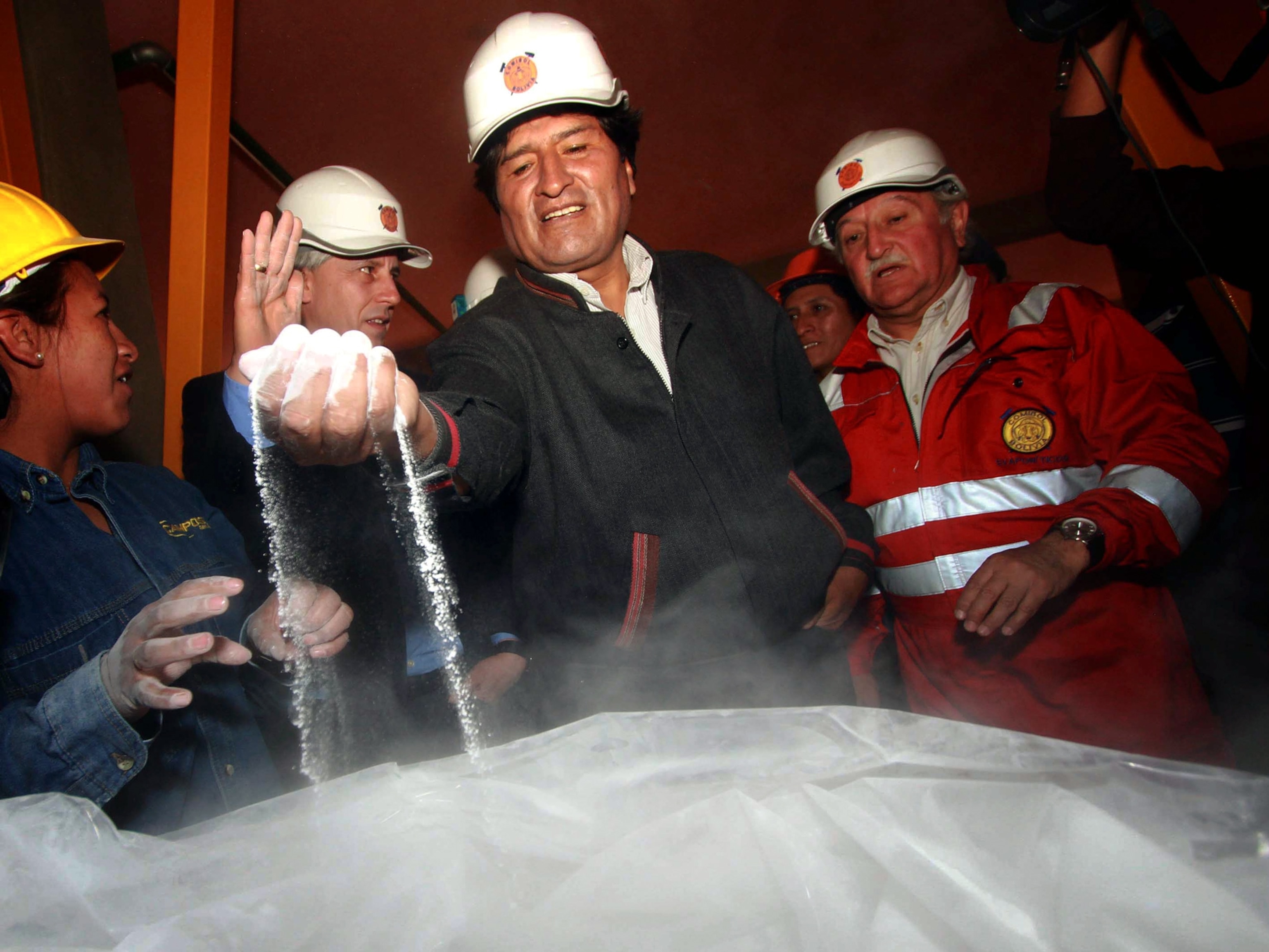 Bolivian President Evo Morales at lithium carbonate plant inauguration
