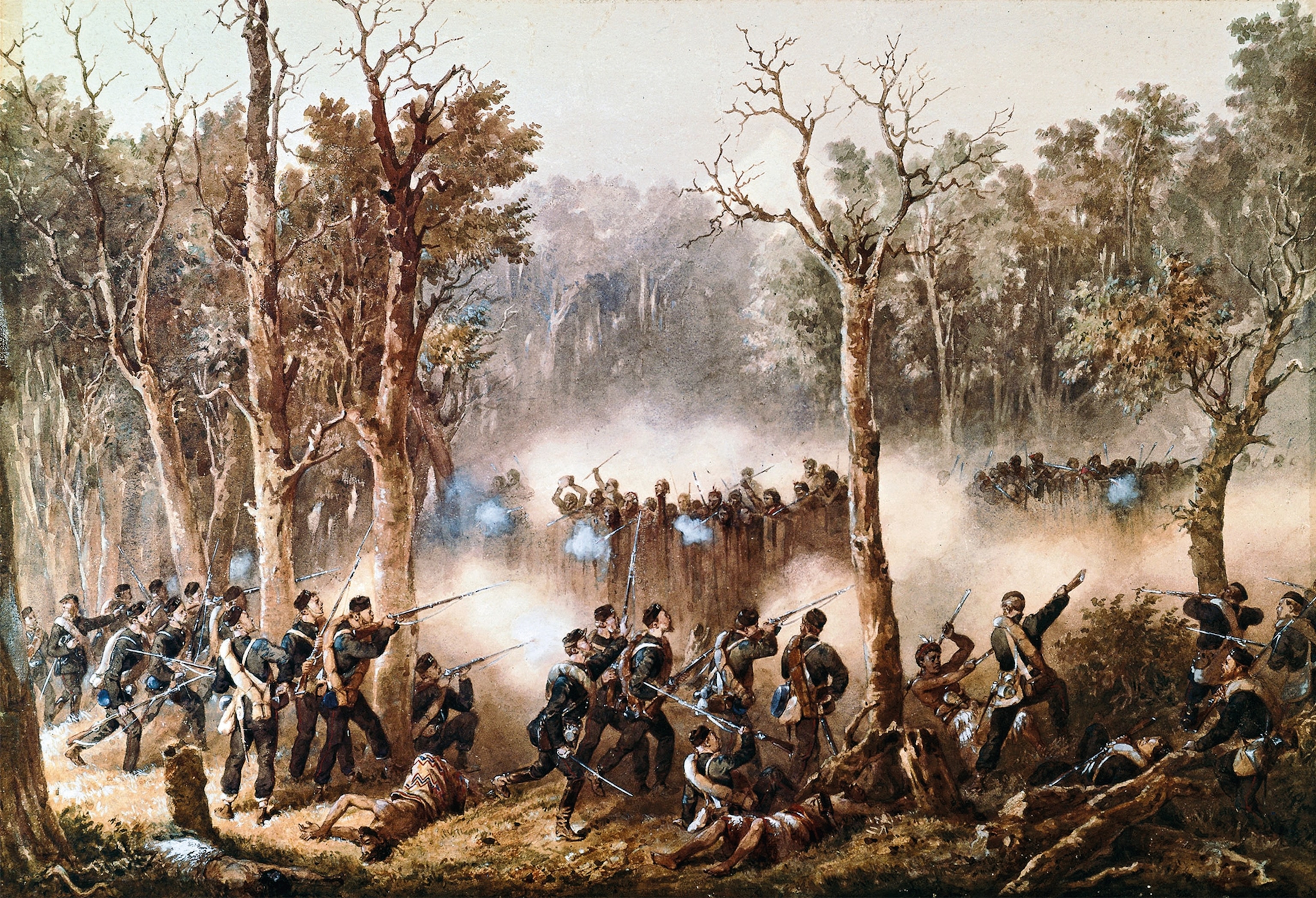 Watercolor of the British assault on Waikato Pā during the 1860s New Zealand Wars.