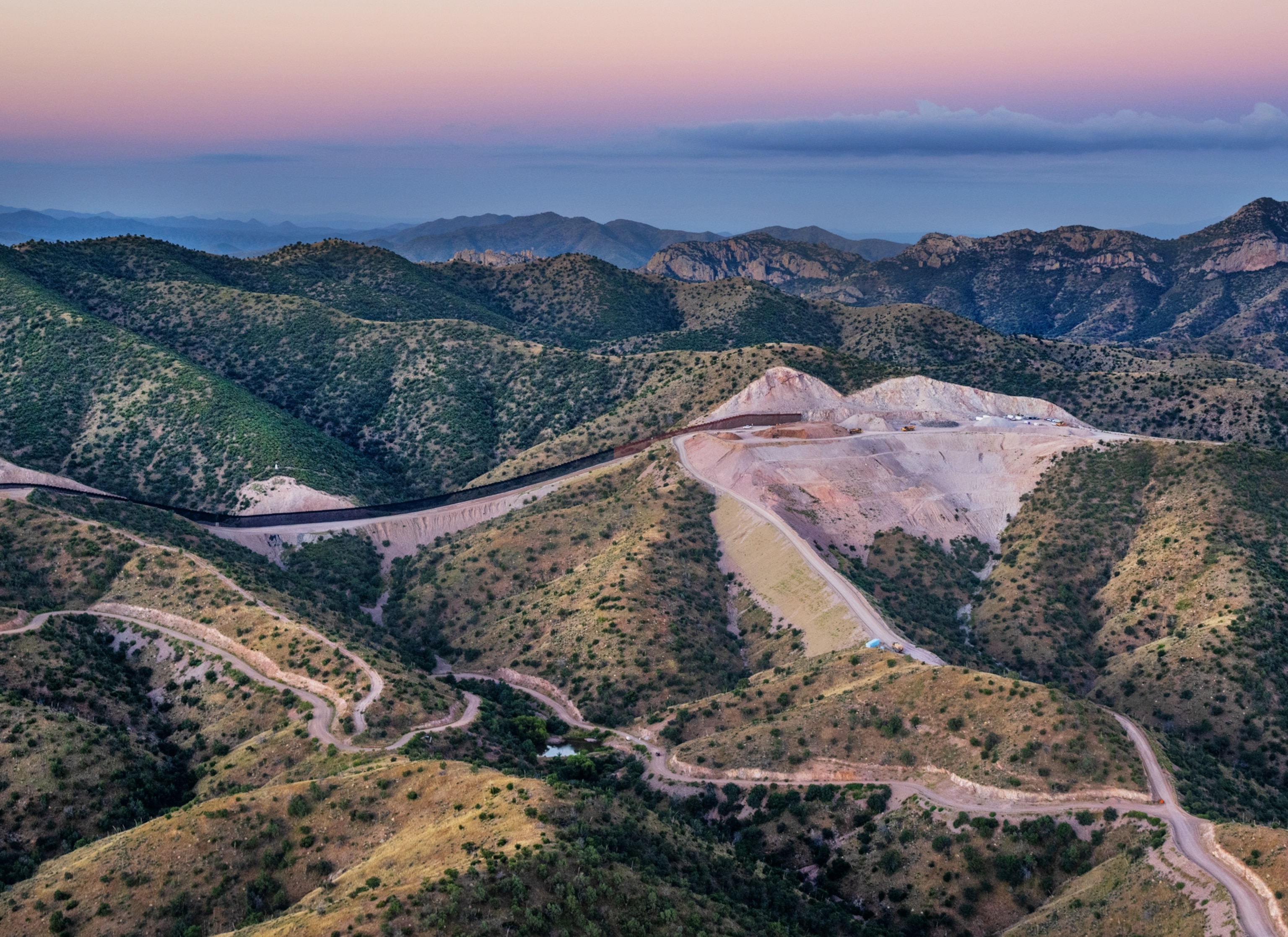Construction of the border wall over the Pajarita Wilderness, AZ,