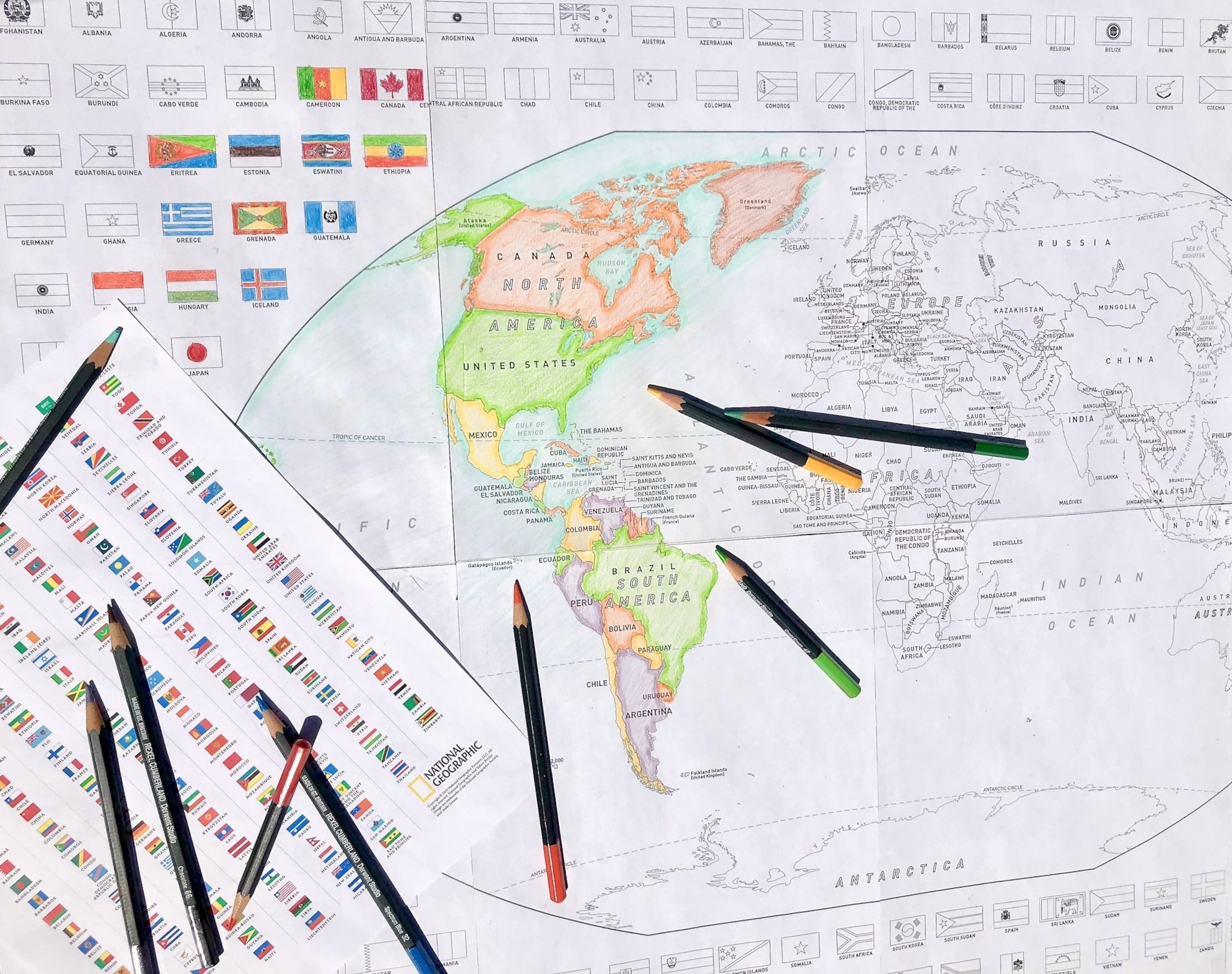 Download And Color A Free World Or United States Map With Flags   Natgeo Coloring World Map 