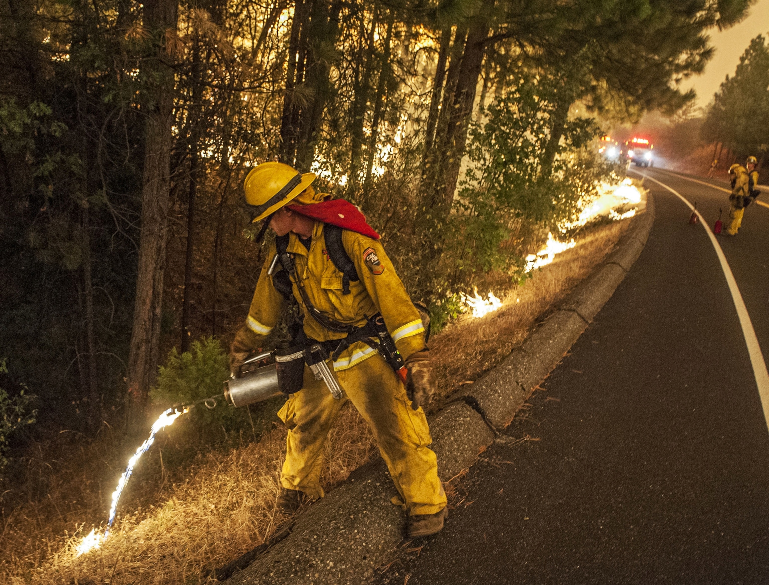 a firefighter setting a backfire along Highway 120 during the Rim Fire