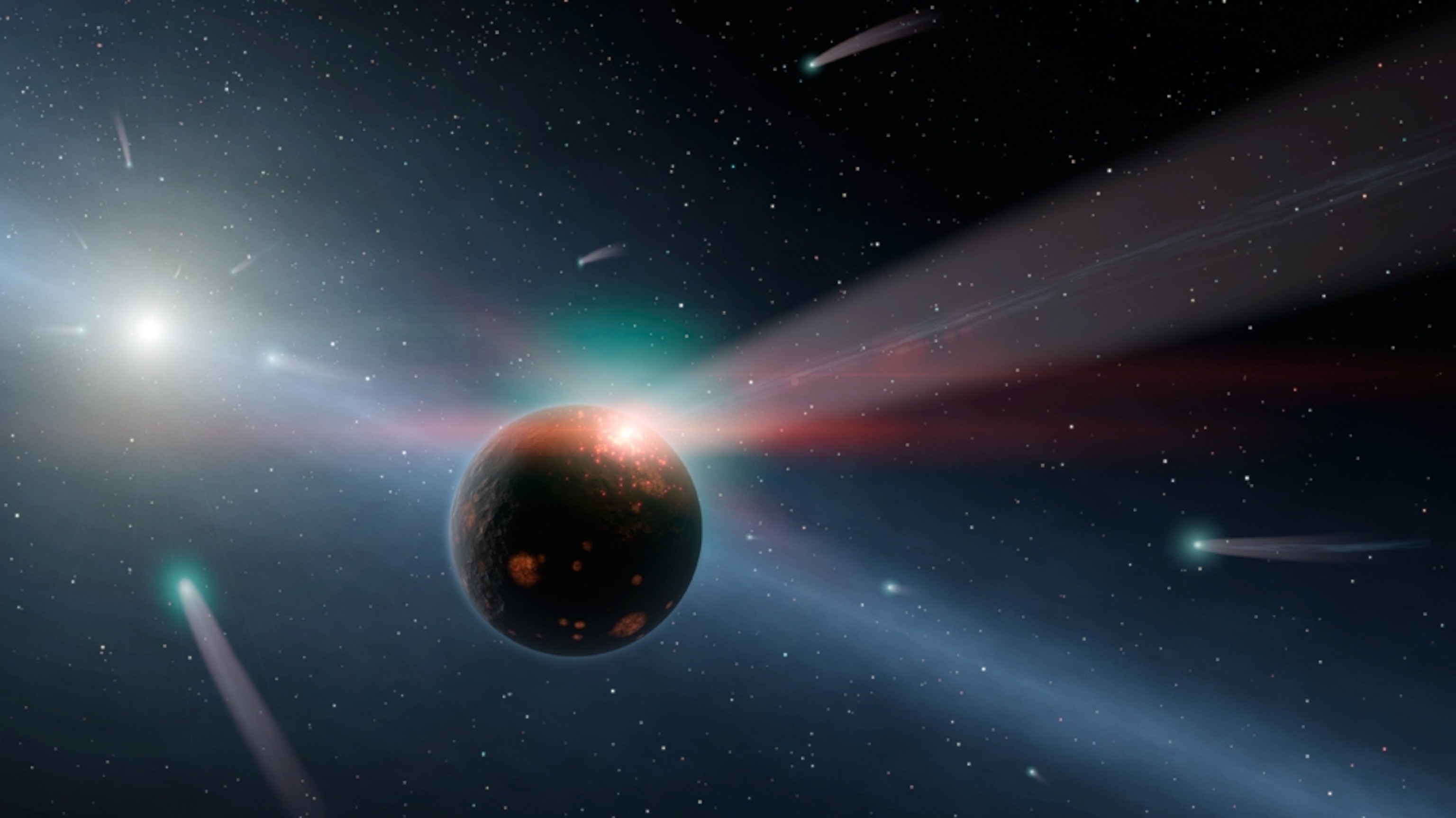 Comet picture: Illustration of a planet being bombarded by comets