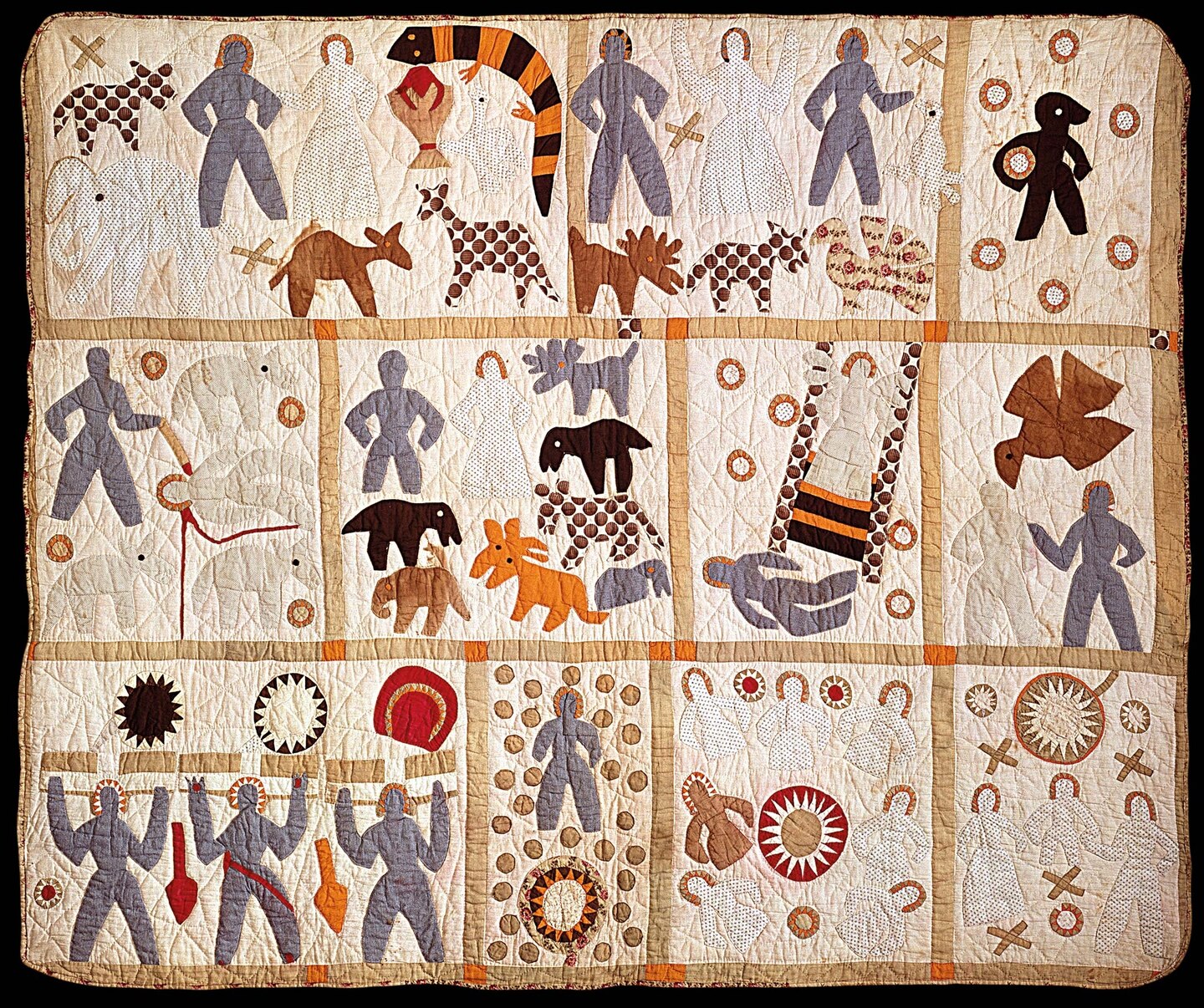 The Bible Quilt depicts stories from the Old and New Testaments, including the Garden of Eden, Cain and Abel, Jacob&rsquo;s Ladder, the Last Supper, and the Holy Family.