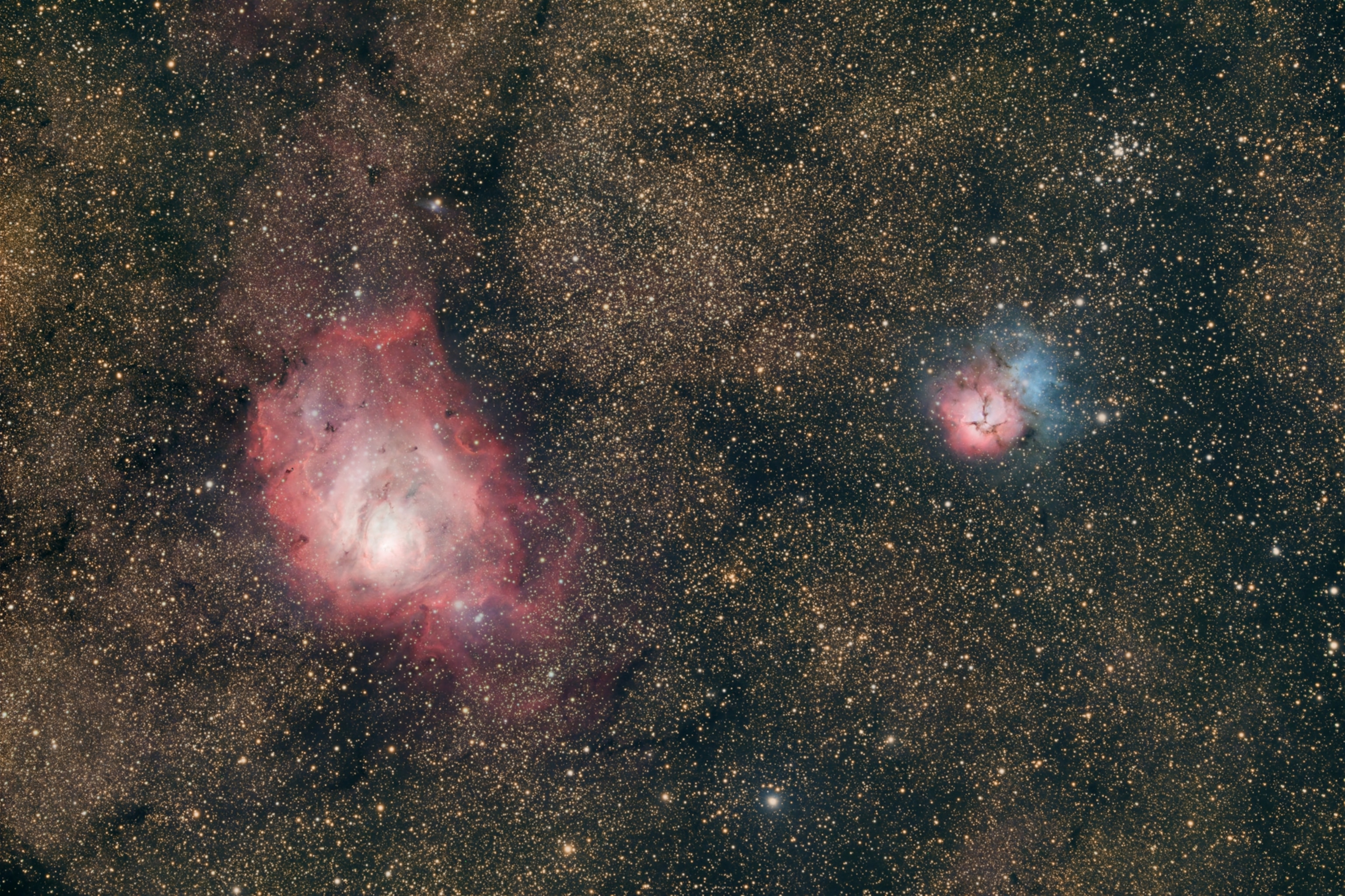 The Lagoon Nebula (left) and the Trifid Nebula (right).
