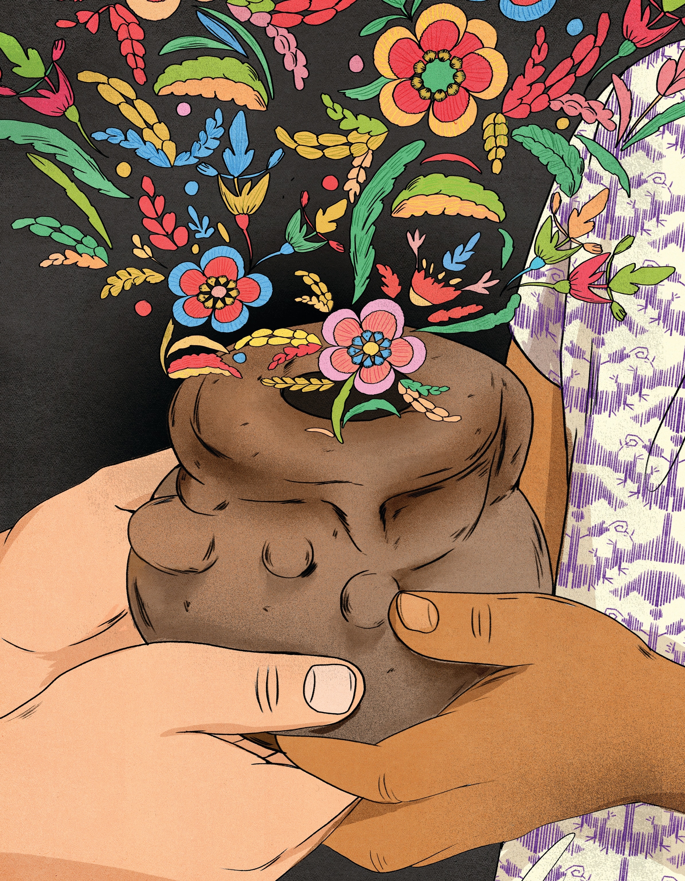 An illustration shows a pair of hands hold a pot with flowers in them