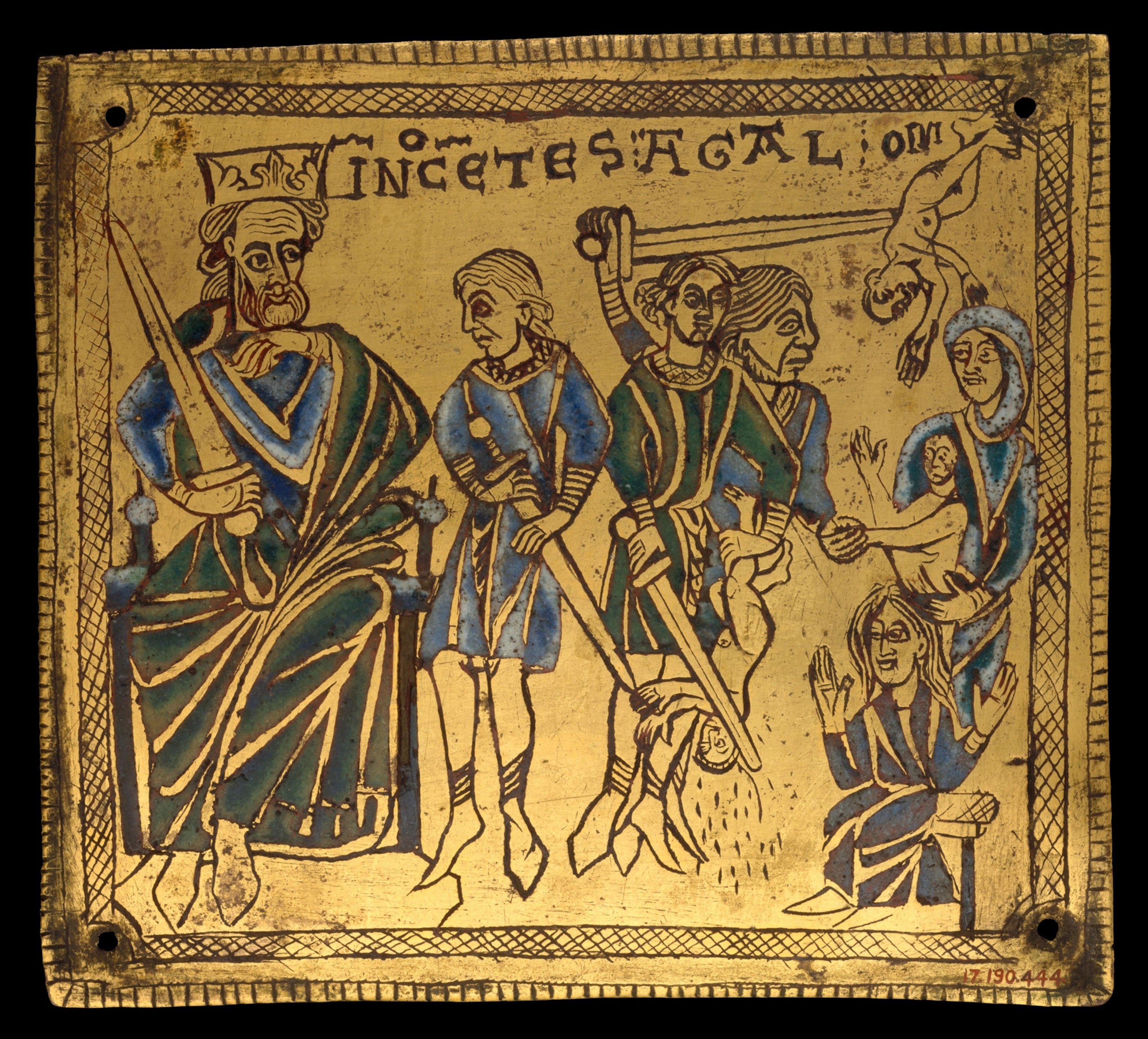 A gold plaque with several figures depicted.