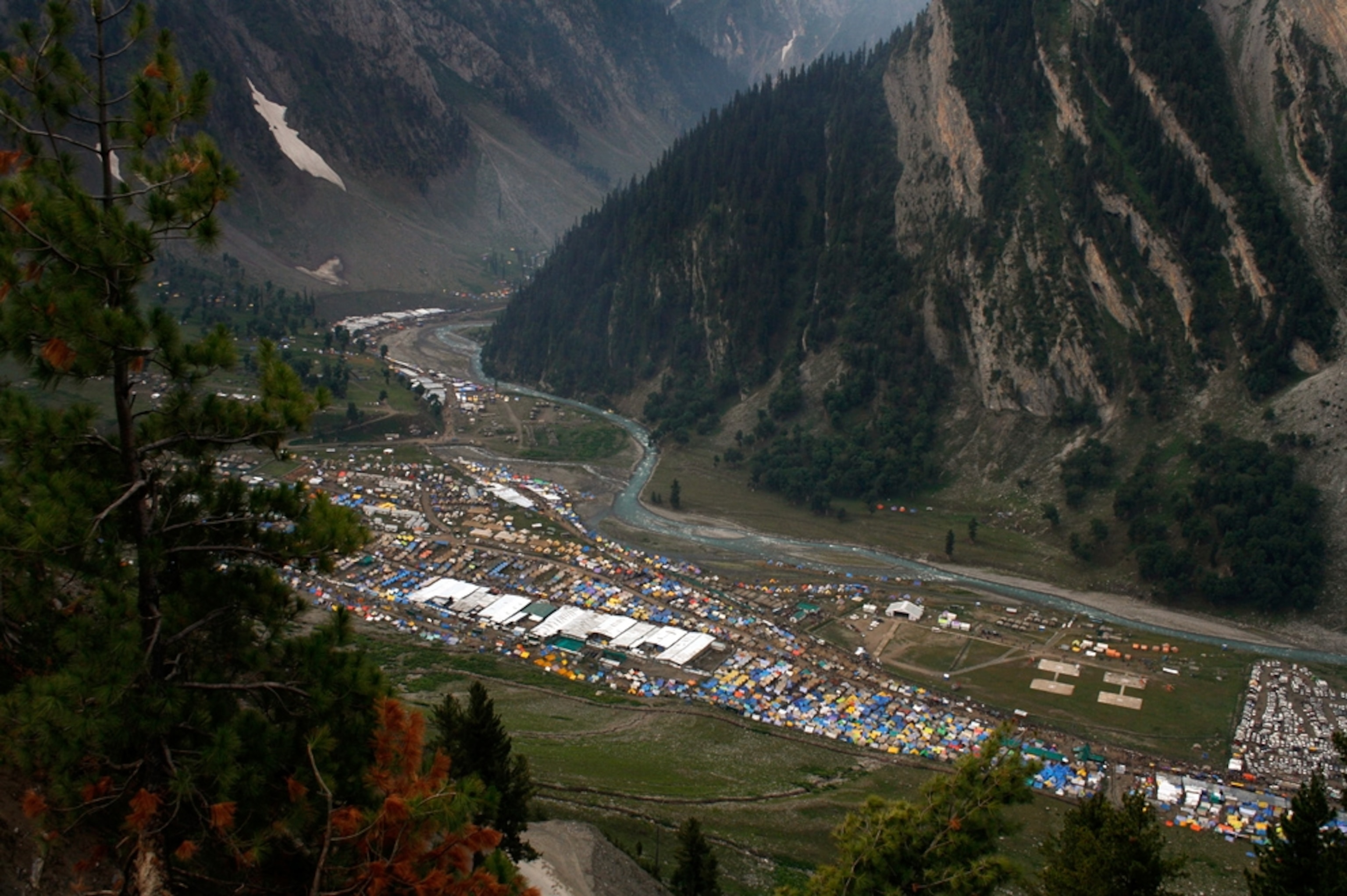 Aerial view of camps installed for Hindu pilgrims on their way to the Amarnath Pilgrimage