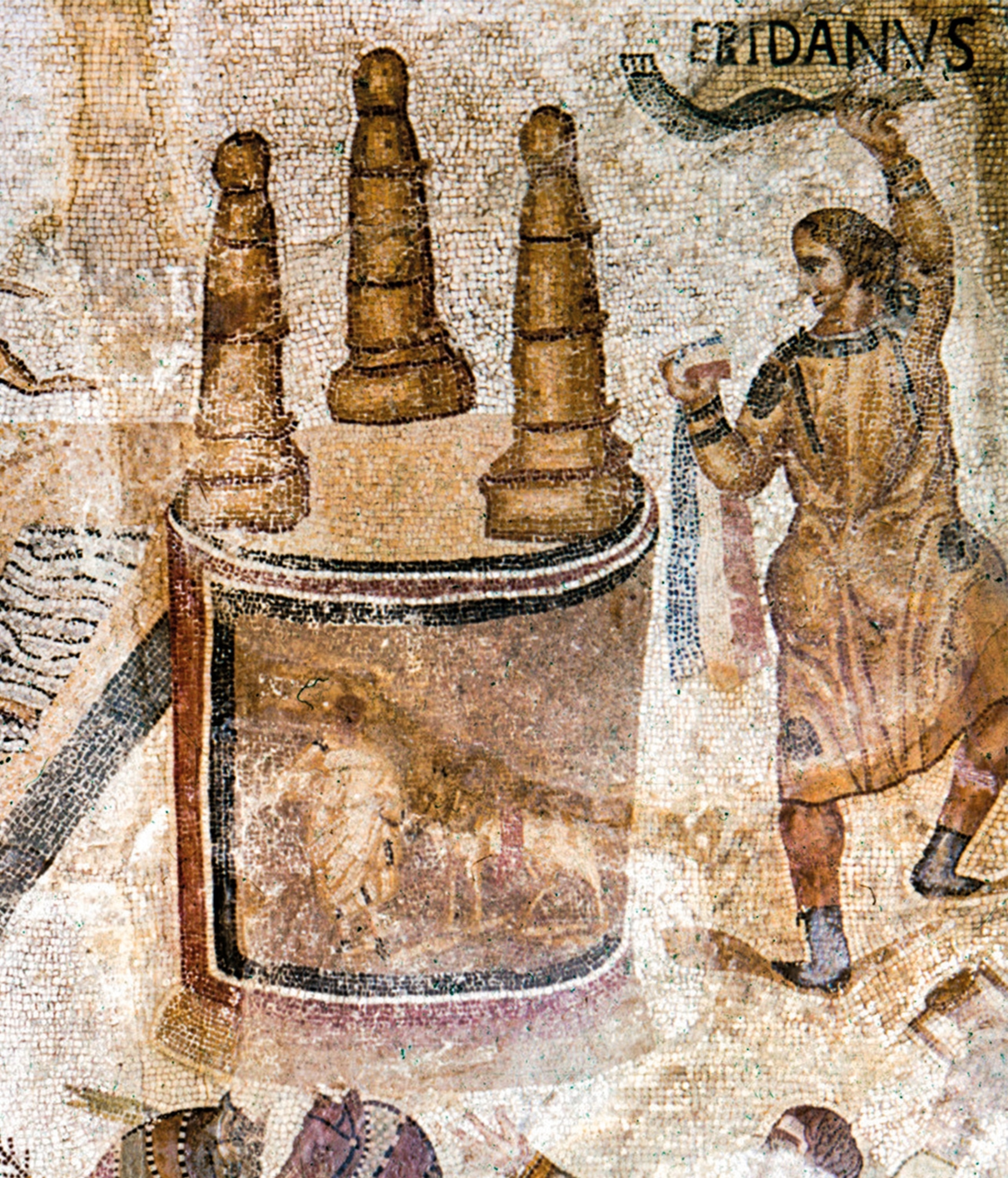 A mosaic of someone waving a green piece of cloth