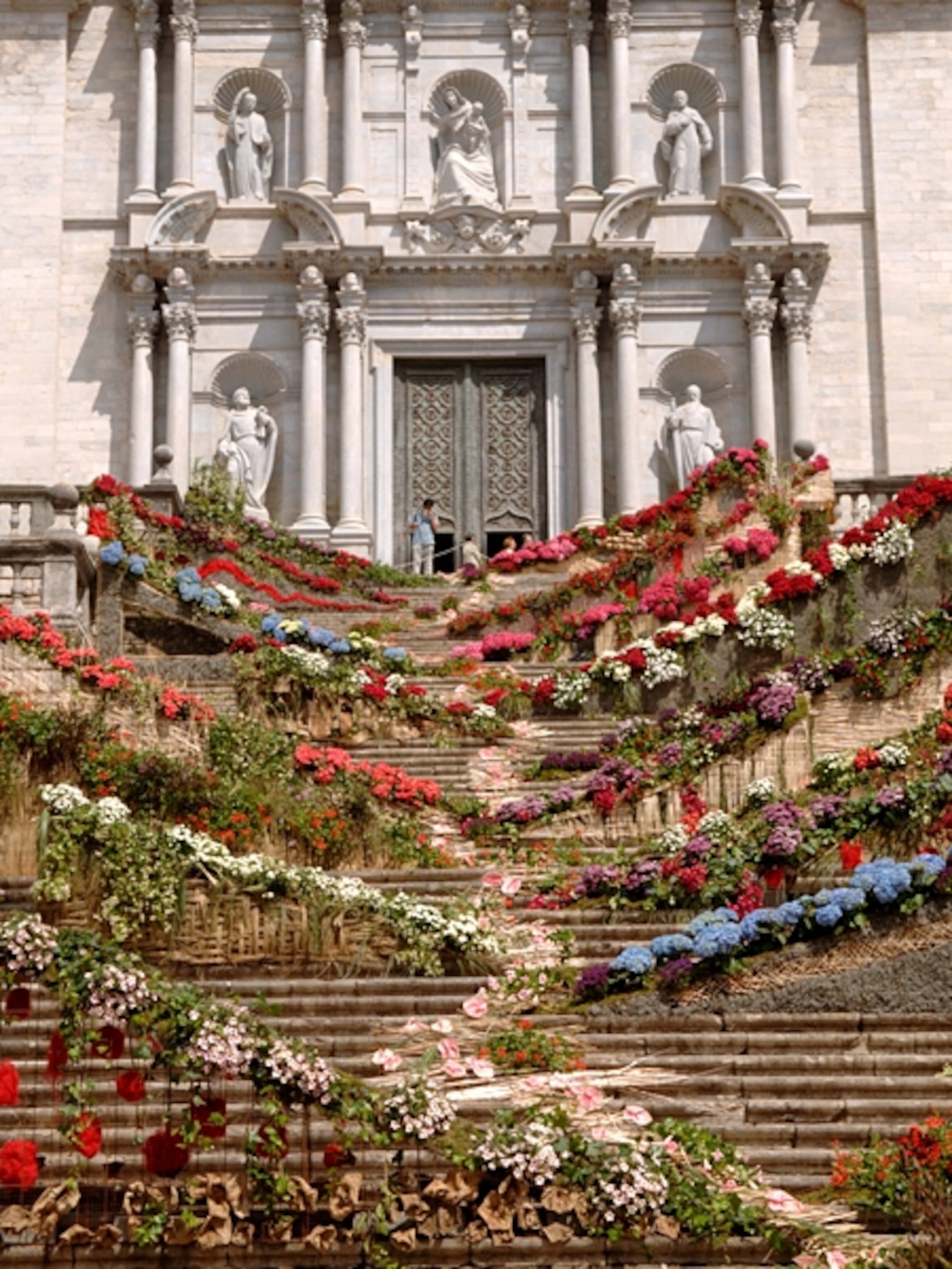View of flowers on stairs during the Temps de Flors Festival in Girona, Spain