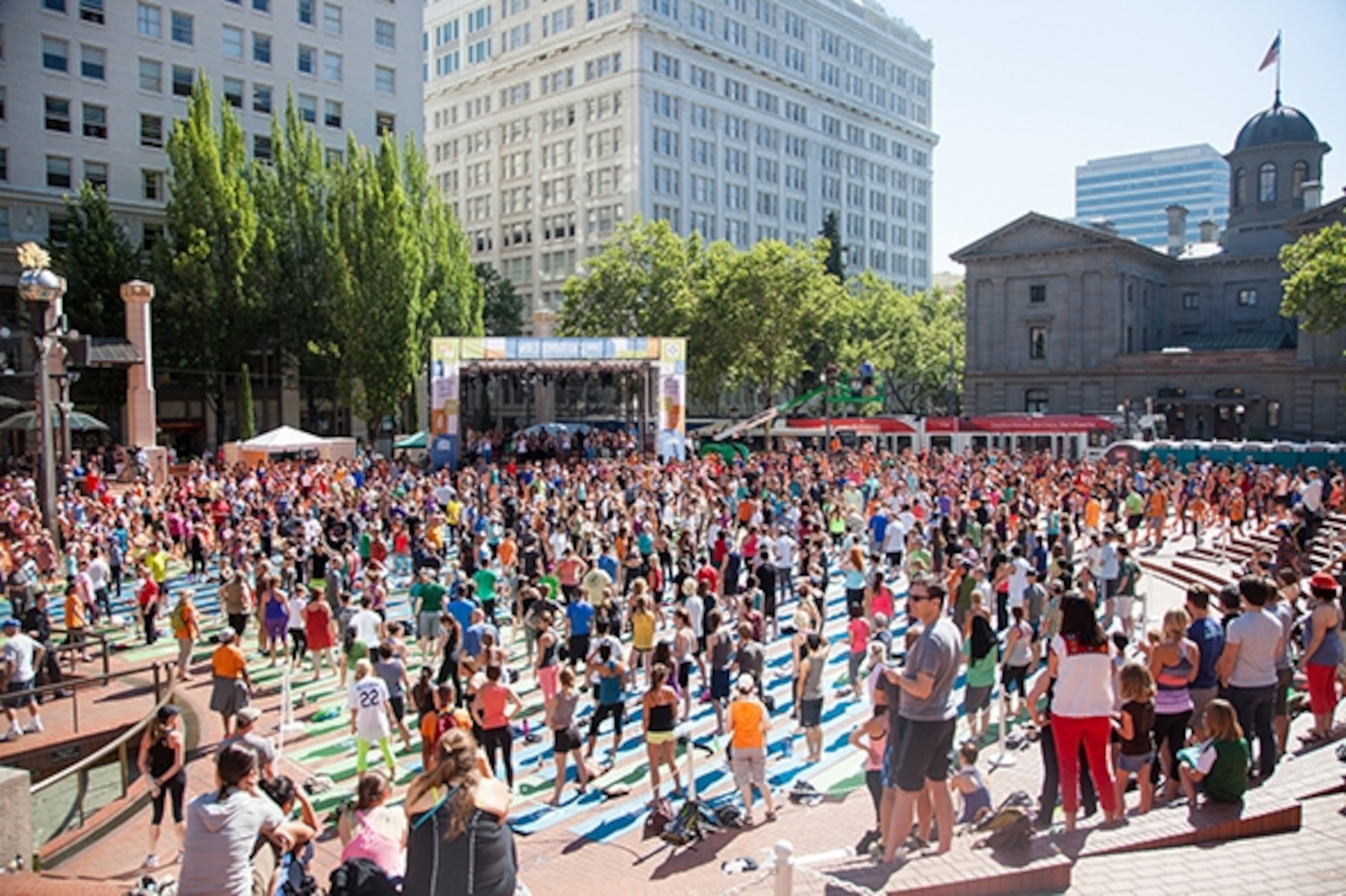 A group yoga session held in Pioneer Square during the 2014 World Domination Summit in Portland, Oregon (Photograph by Chris Guillebeau)