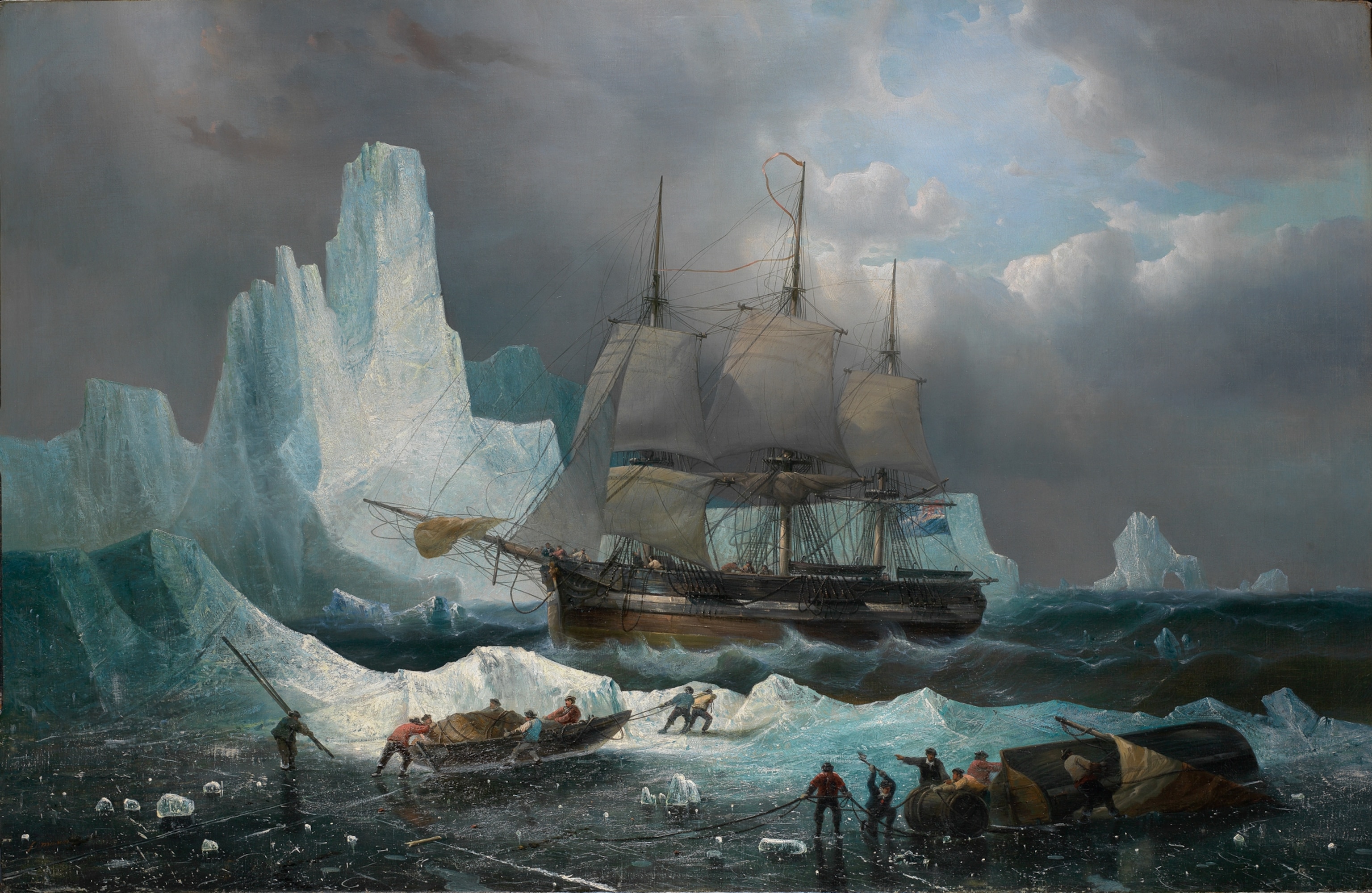 A ship with sails unfurled navigating through icy waters amidst towering icebergs. Several figures in small boats work on the frozen surface