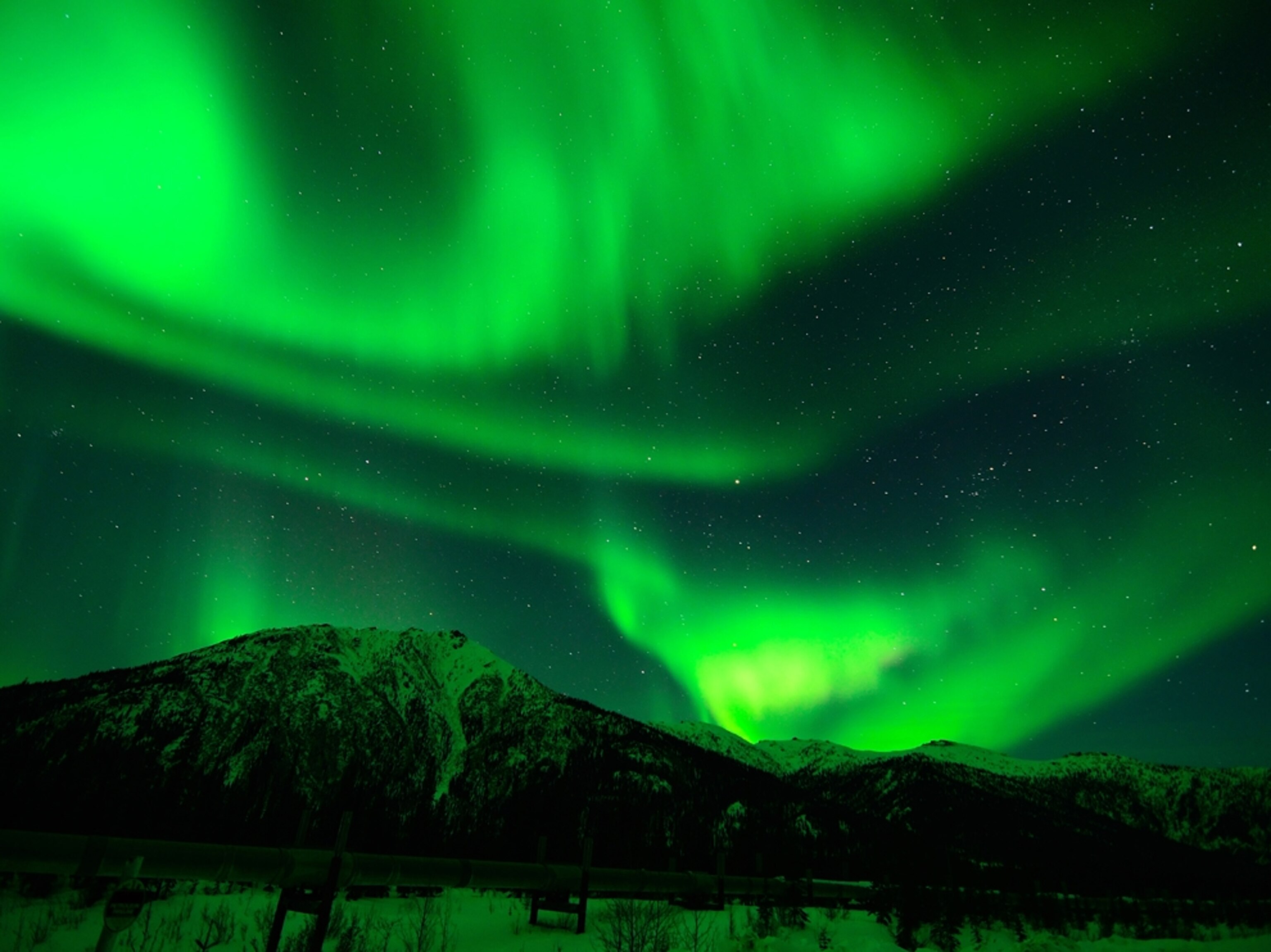 Aurora picture: Snowy Alaska tinged green by auroral light