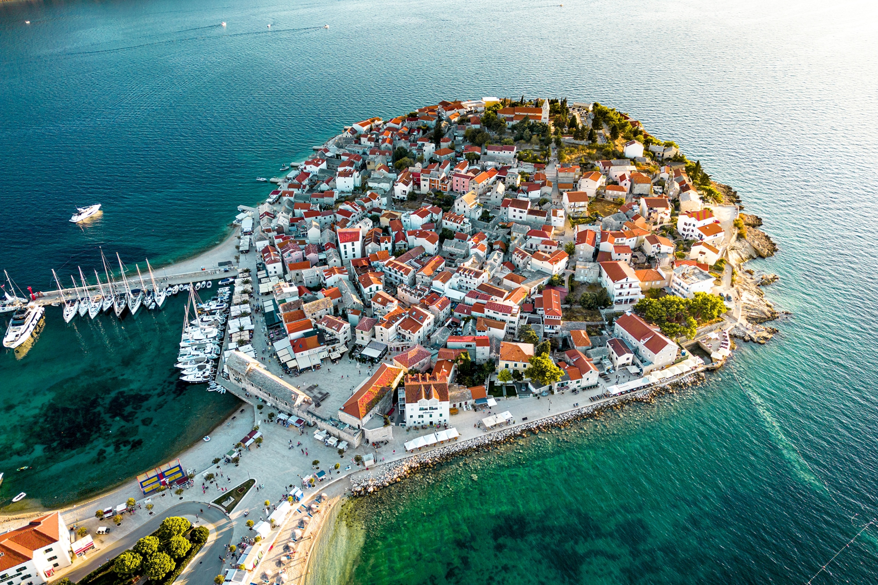 aerial view of an old town on an island