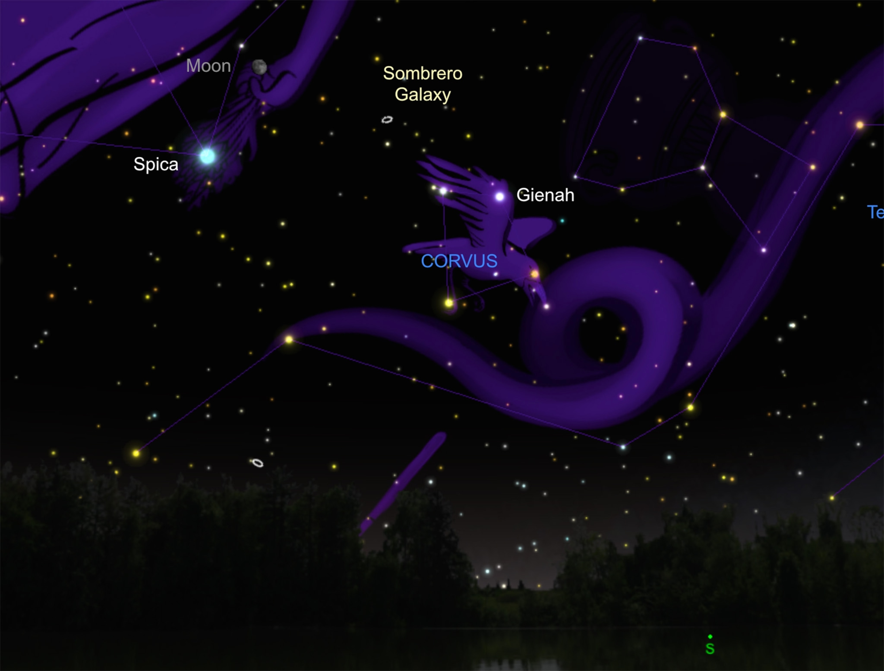 Sombrero galaxy almost exactly halfway along the alignment of the moon and Glienah