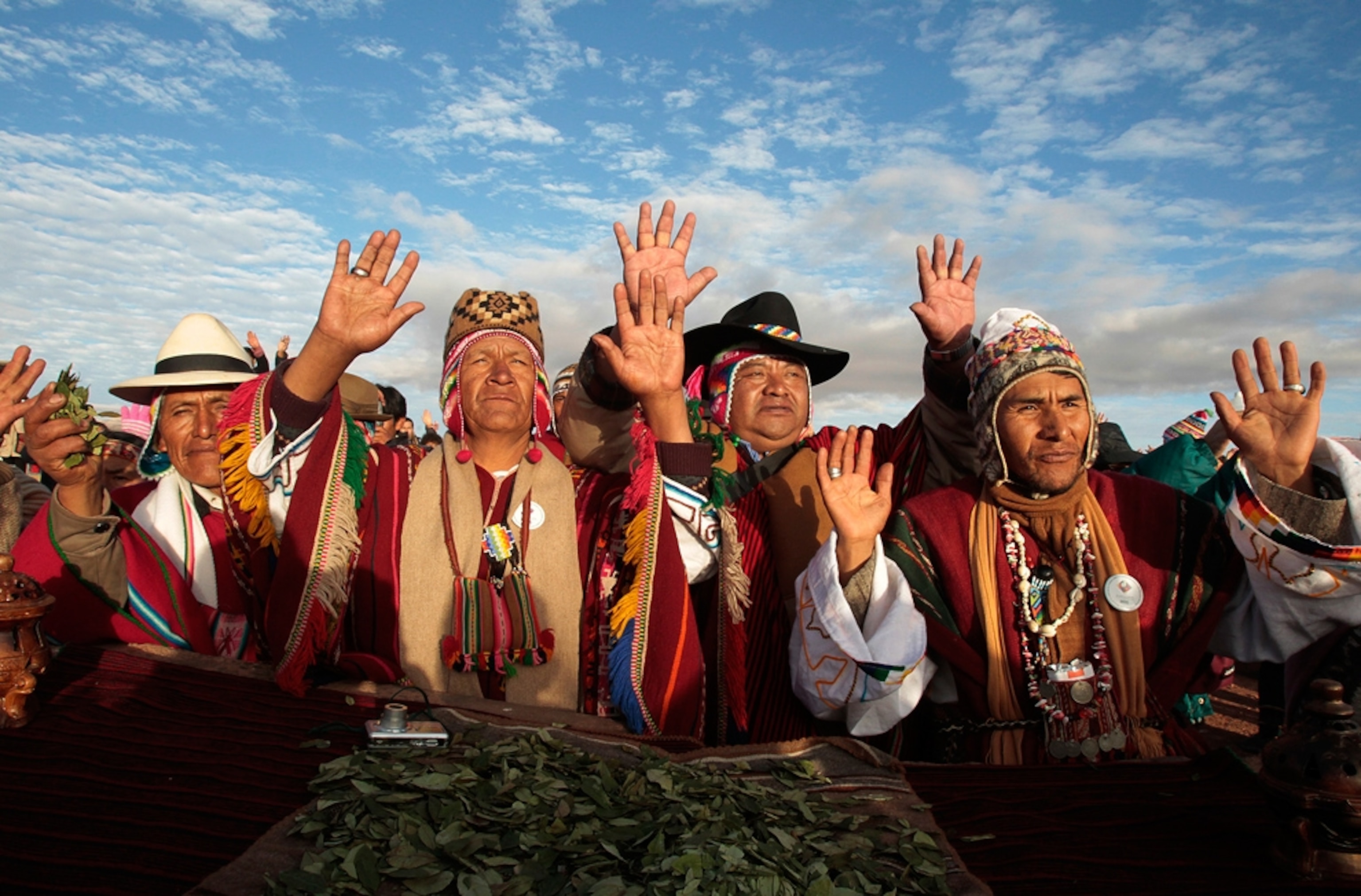 Bolivian indigenous people celebrate the rising sun on the first day of winter.