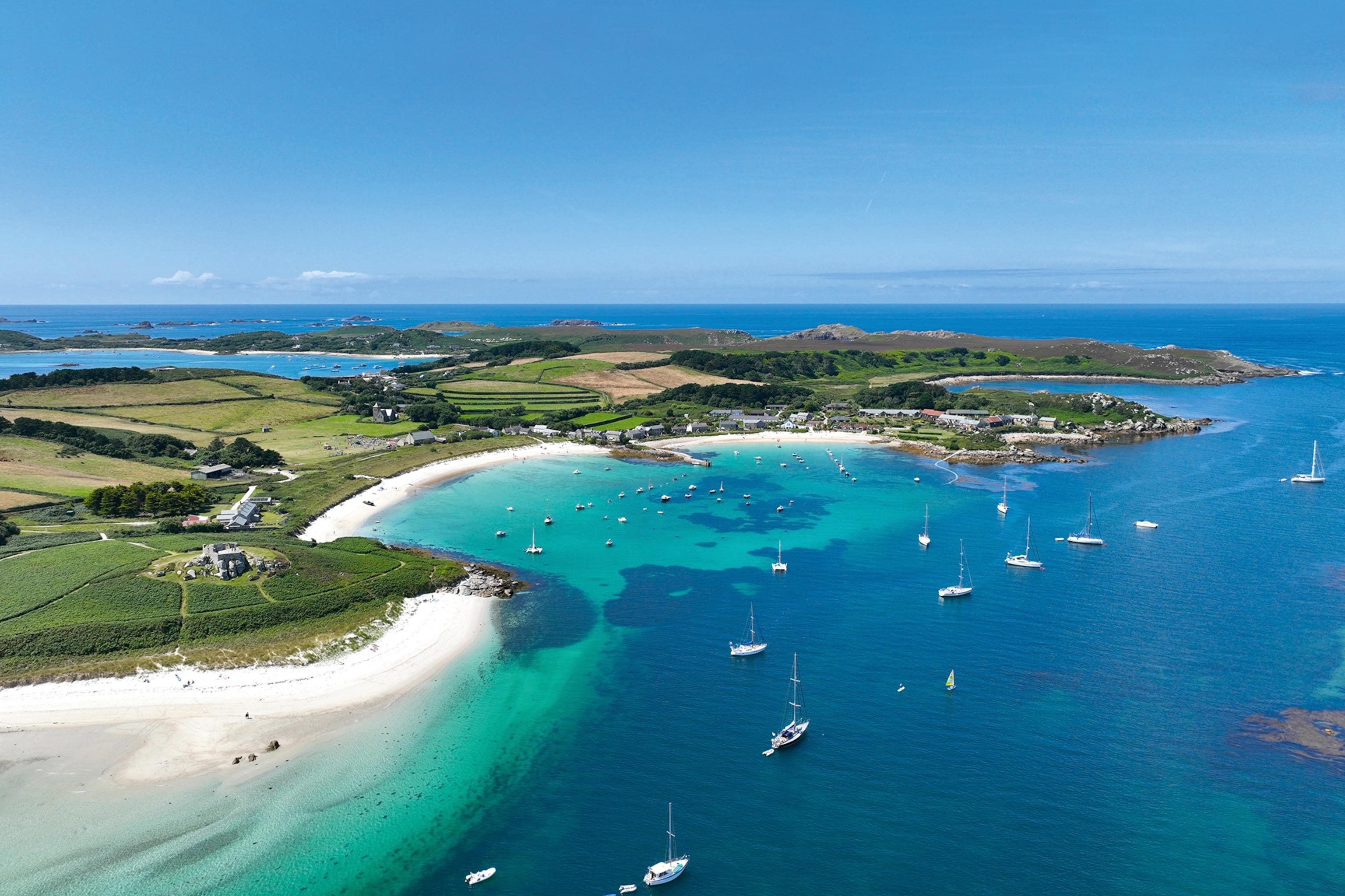 An ariel view of an island on a sunny day.