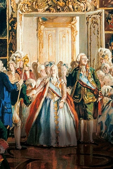 Catherine II of Russia makes a grand entrance before her courtiers in a colorful lithograph by Alexandre Nikolayevich Benois from 1909.