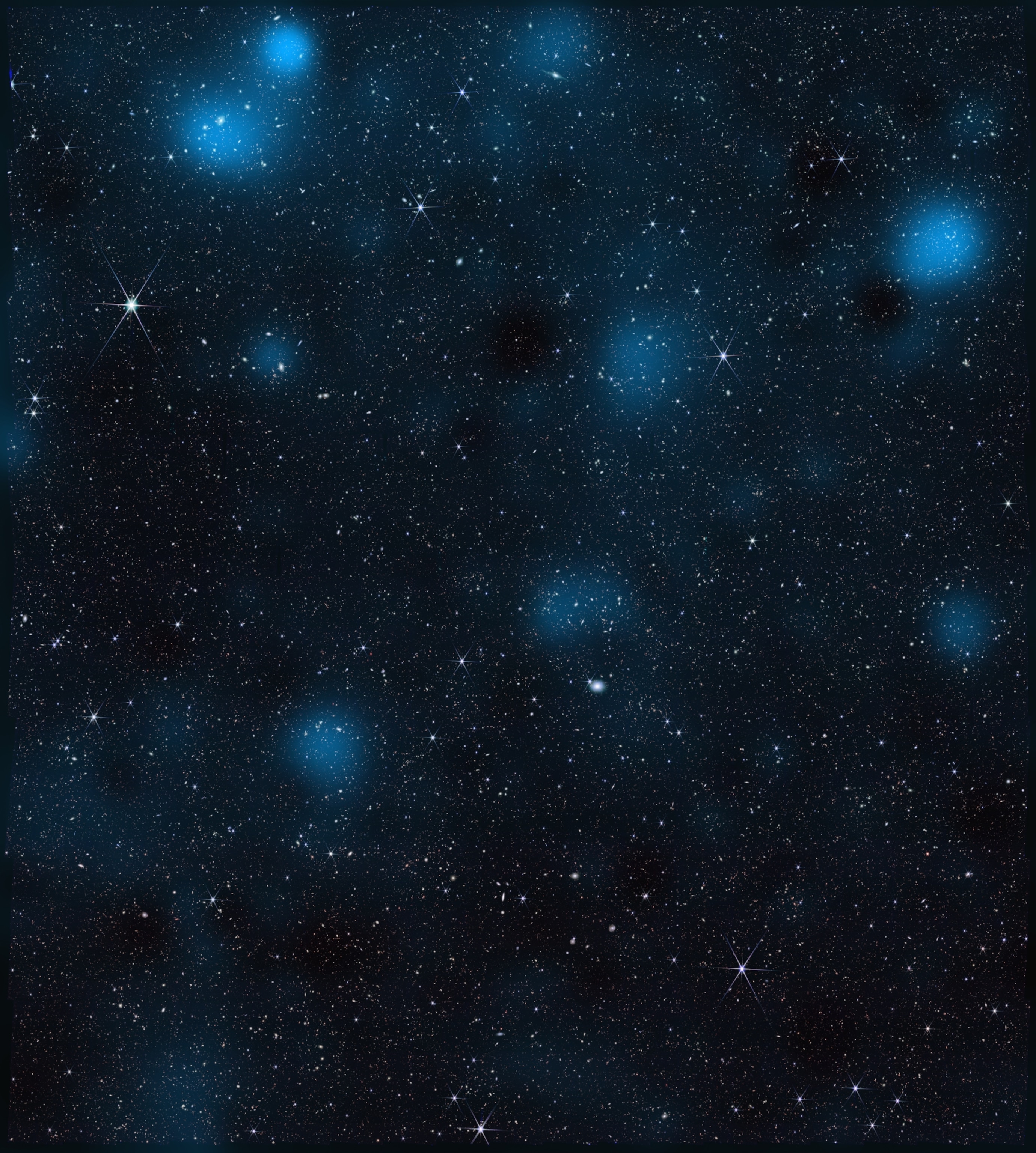 A star field with scattered blue balls of gas, representative of dark matter