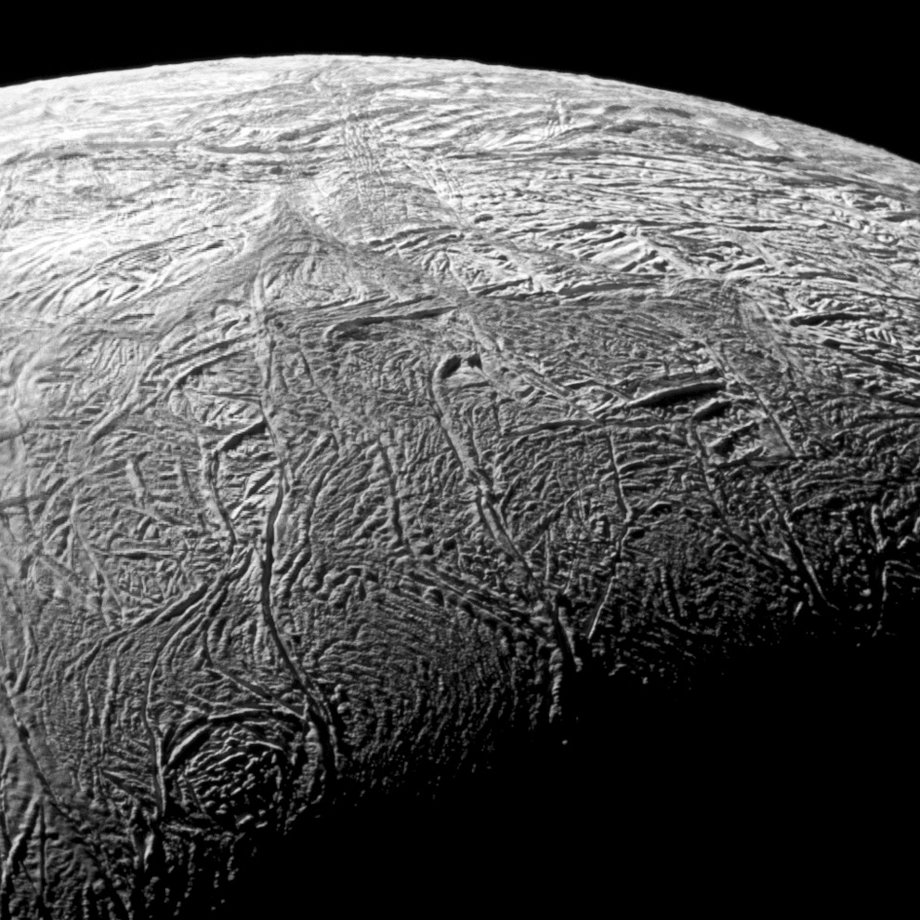 Fractures make the south pole of Saturn's moon Enceladus appear heavily wrinkled in a new picture