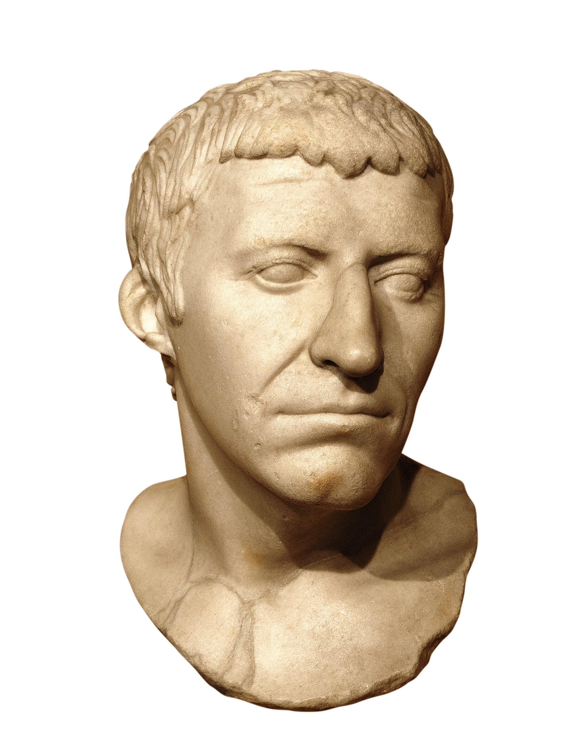 A marble bust, known as the Pseudo-Corbulo because it was previously misidentified as the general Gnaeus Domitius Corbulo, is pictured.