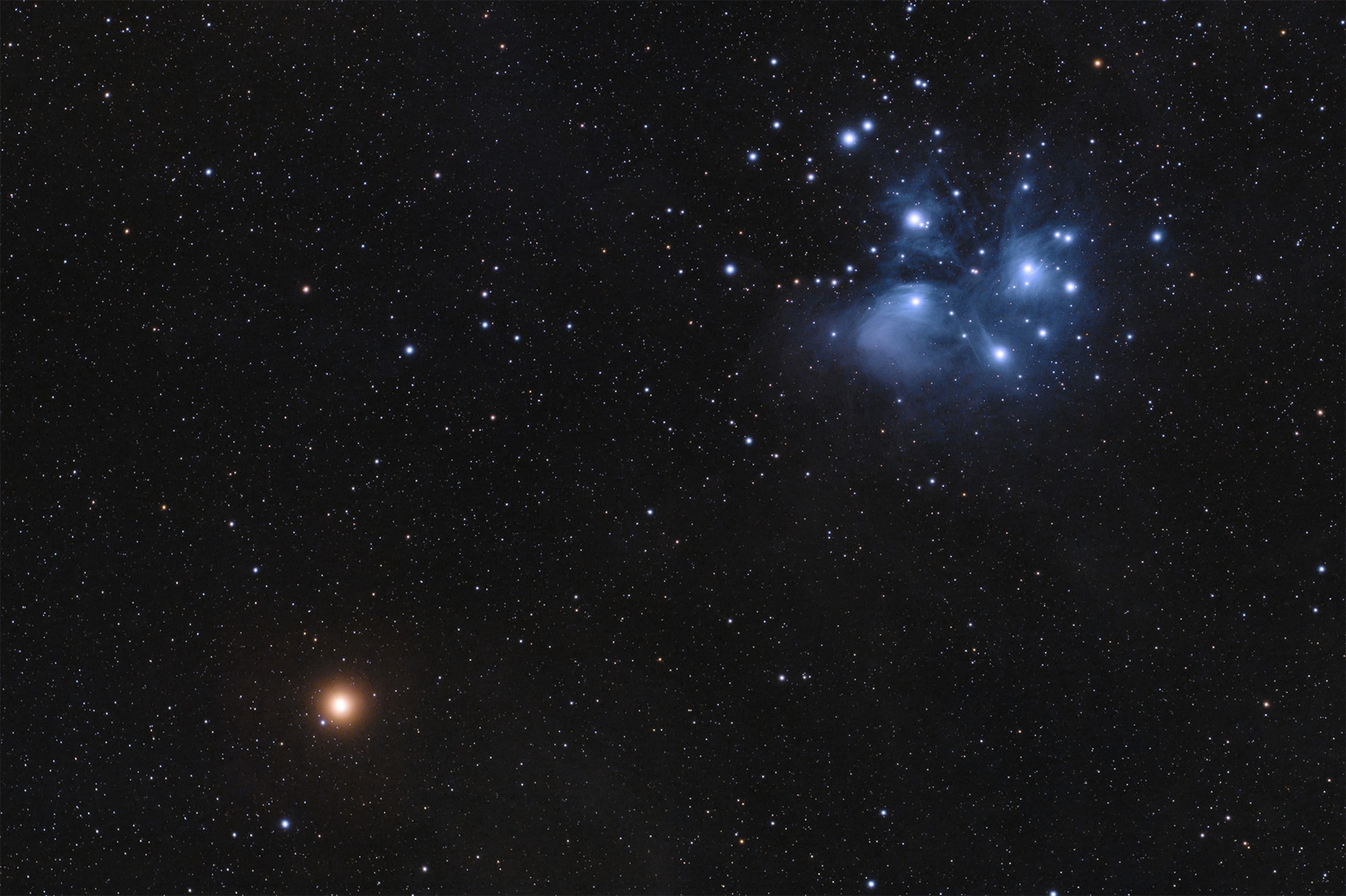 The night sky with Mars and Pleiades conjunction