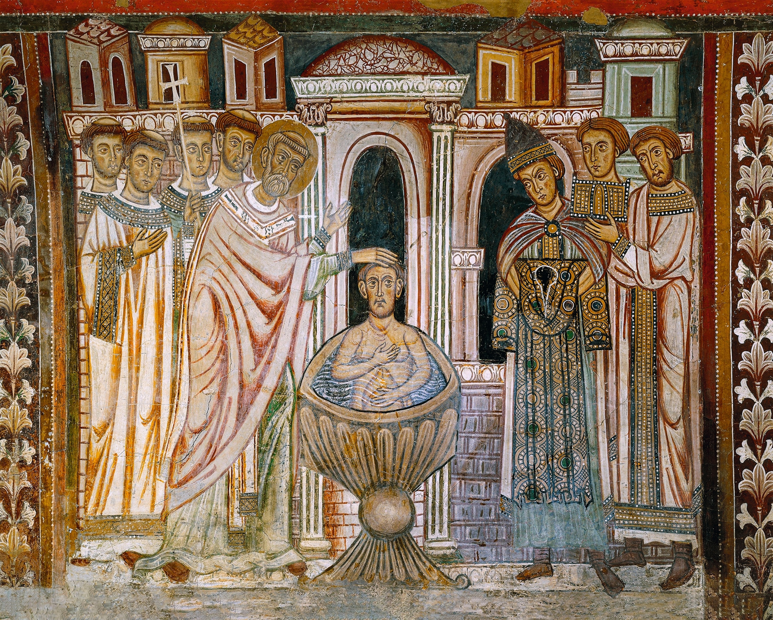 A fresco of Pope Sylvester I baptizing Constantine shortly.