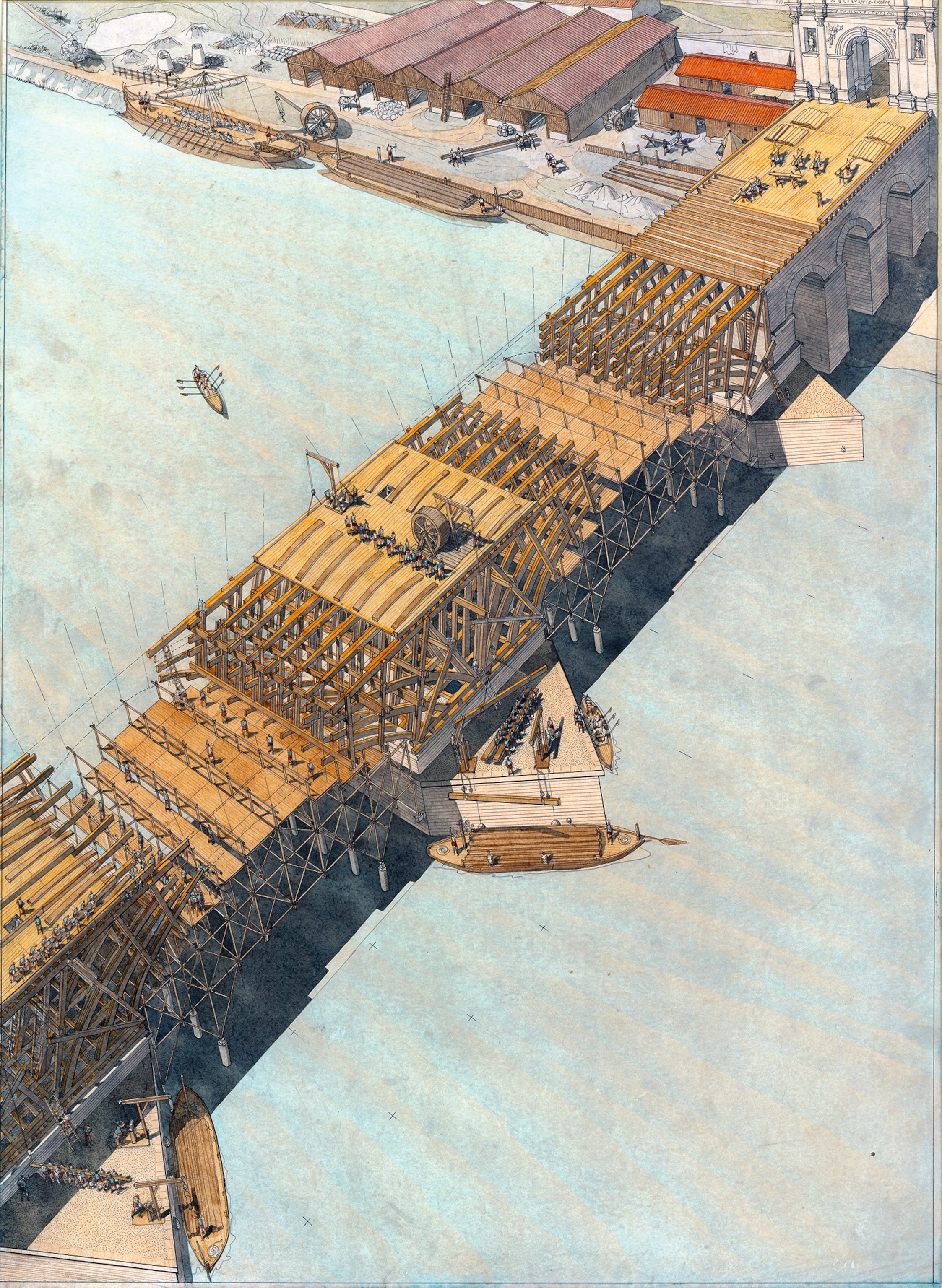 An illustration of construction of the wooden arches of the bridge over the Danube.