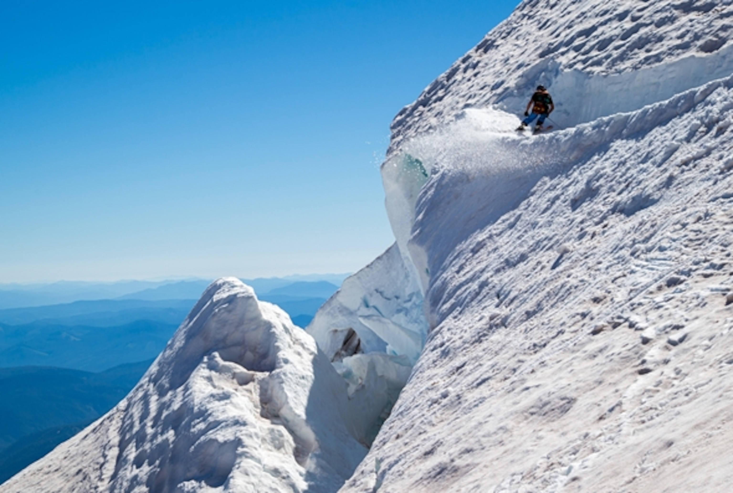 Skier Josh Larkin doing a speed check on Mount Hood; Photograph by Richard Hallman