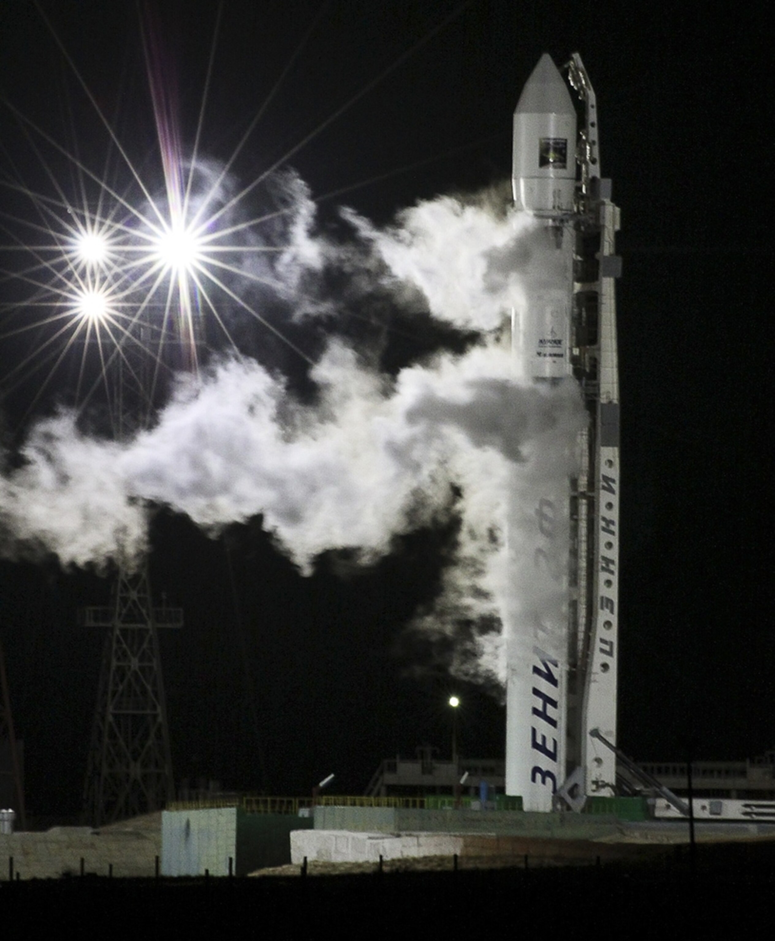 A rocket is readied for launch in Kazakhstan.