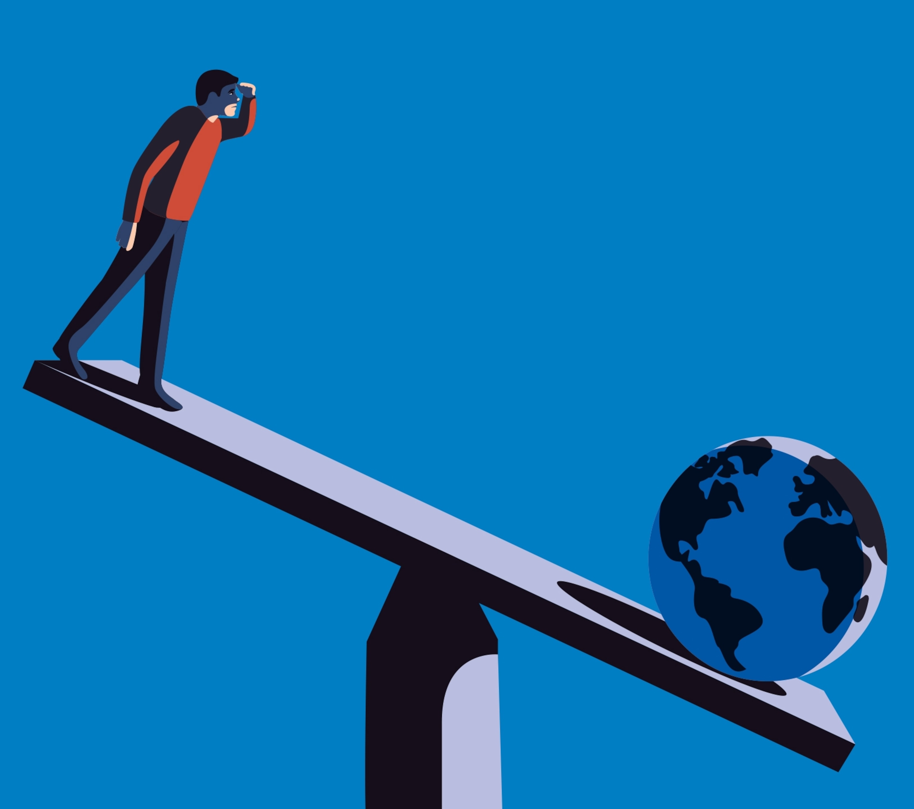 man and Earth balancing on seesaw.