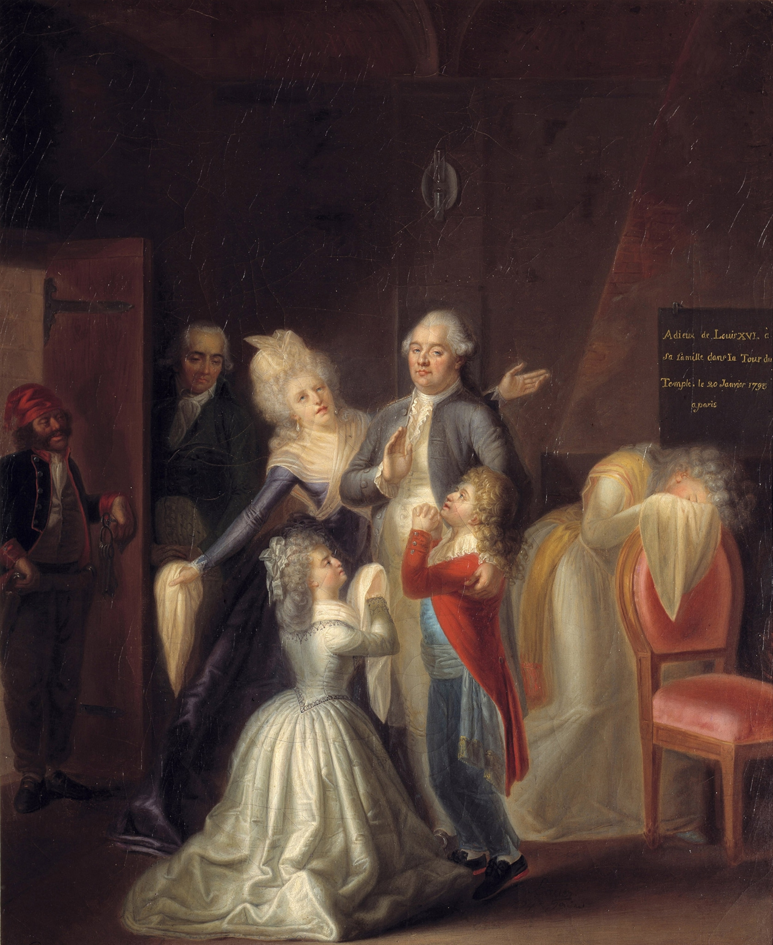 18th century color painting depicting a group of people standing in a group, a woman on the left holding a handkerchief, next to a man with white hair. At their feet kneel two children, a boy and a girl, pleading. In the background are two men off to the left near a chamber door, and to the right, a woman bent over a chair weeping.