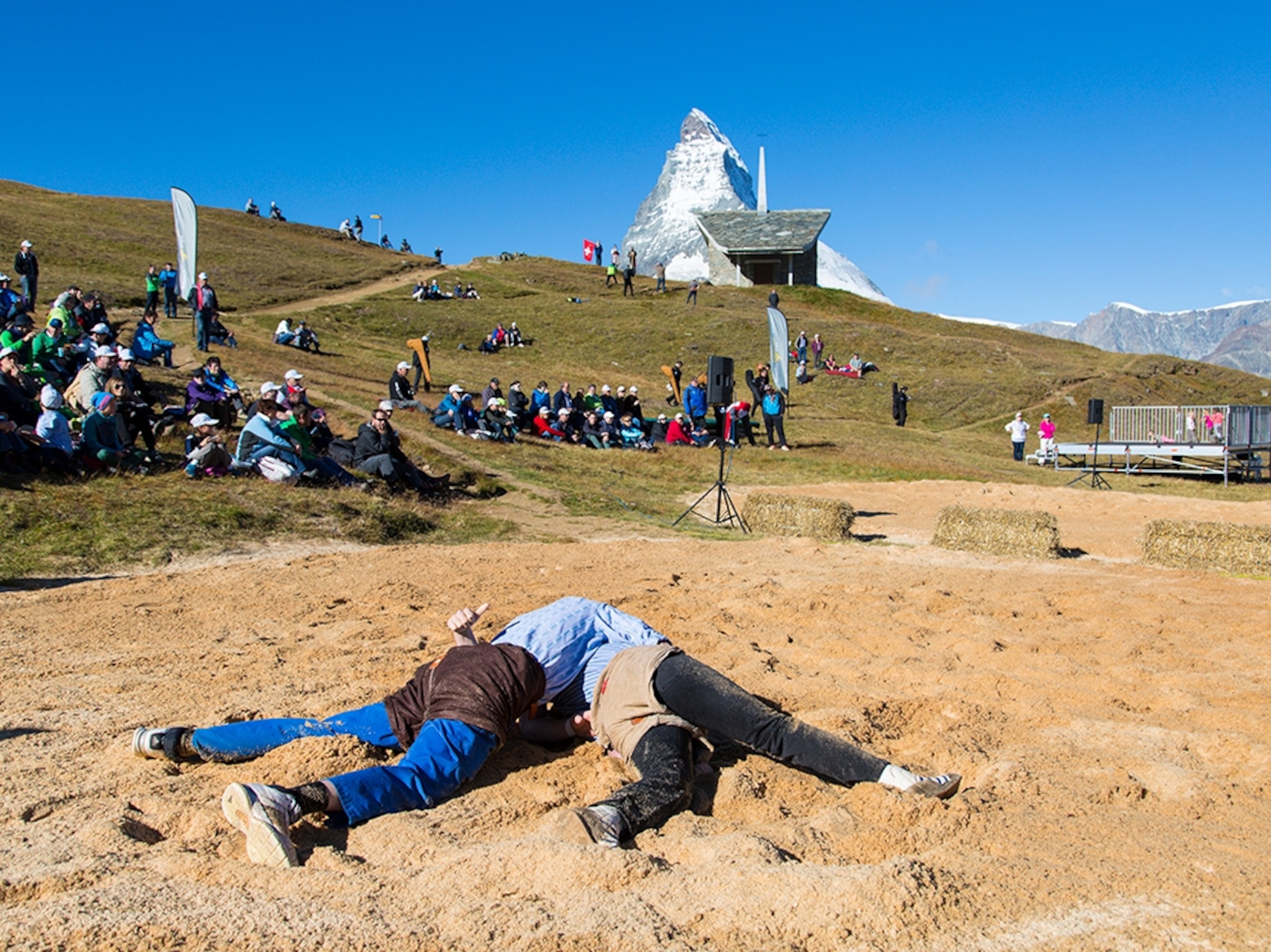 Swiss wrestlers competing at a festival near Zermatt, Switzerland