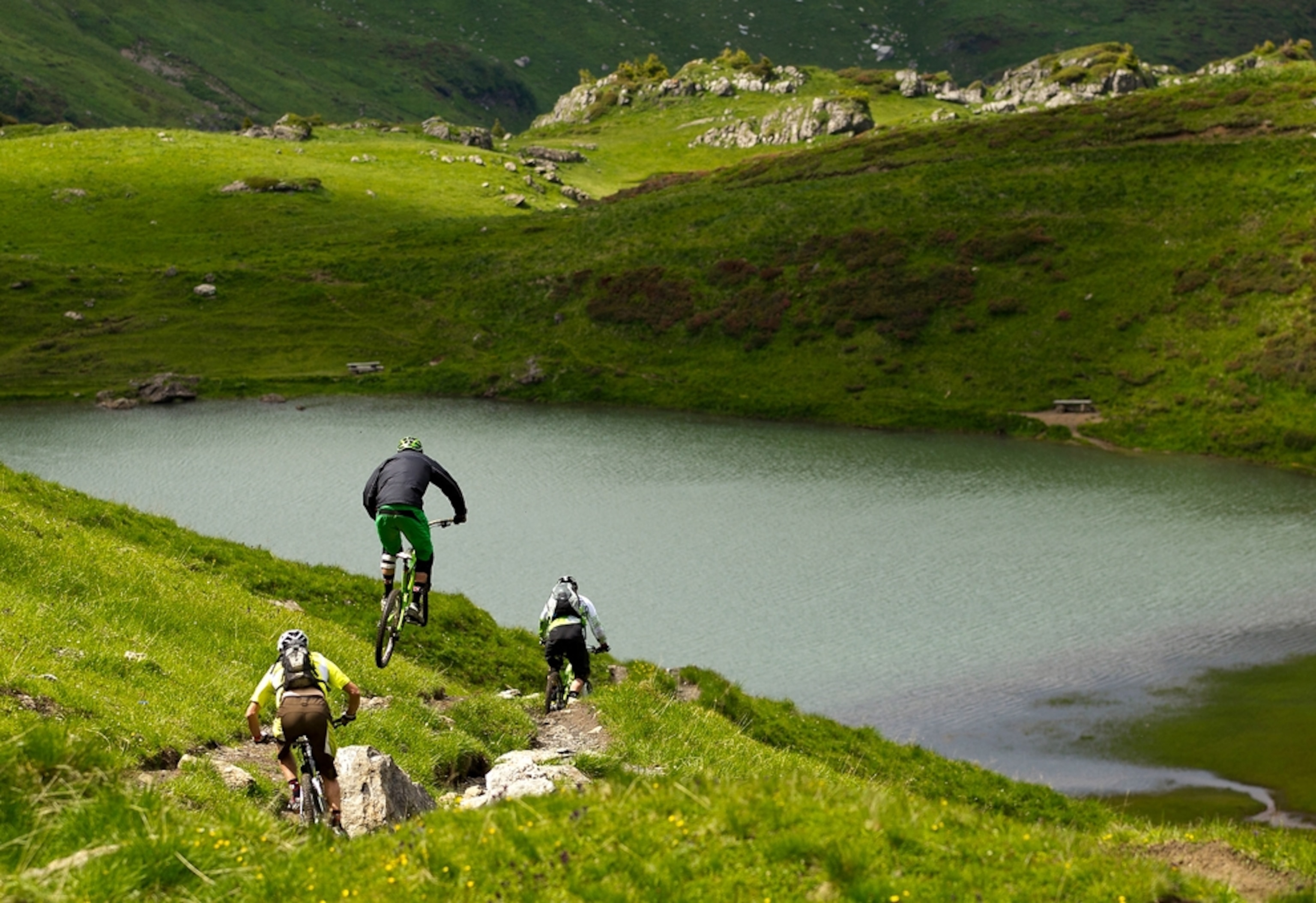 Bikers riding in Les Gets, France.