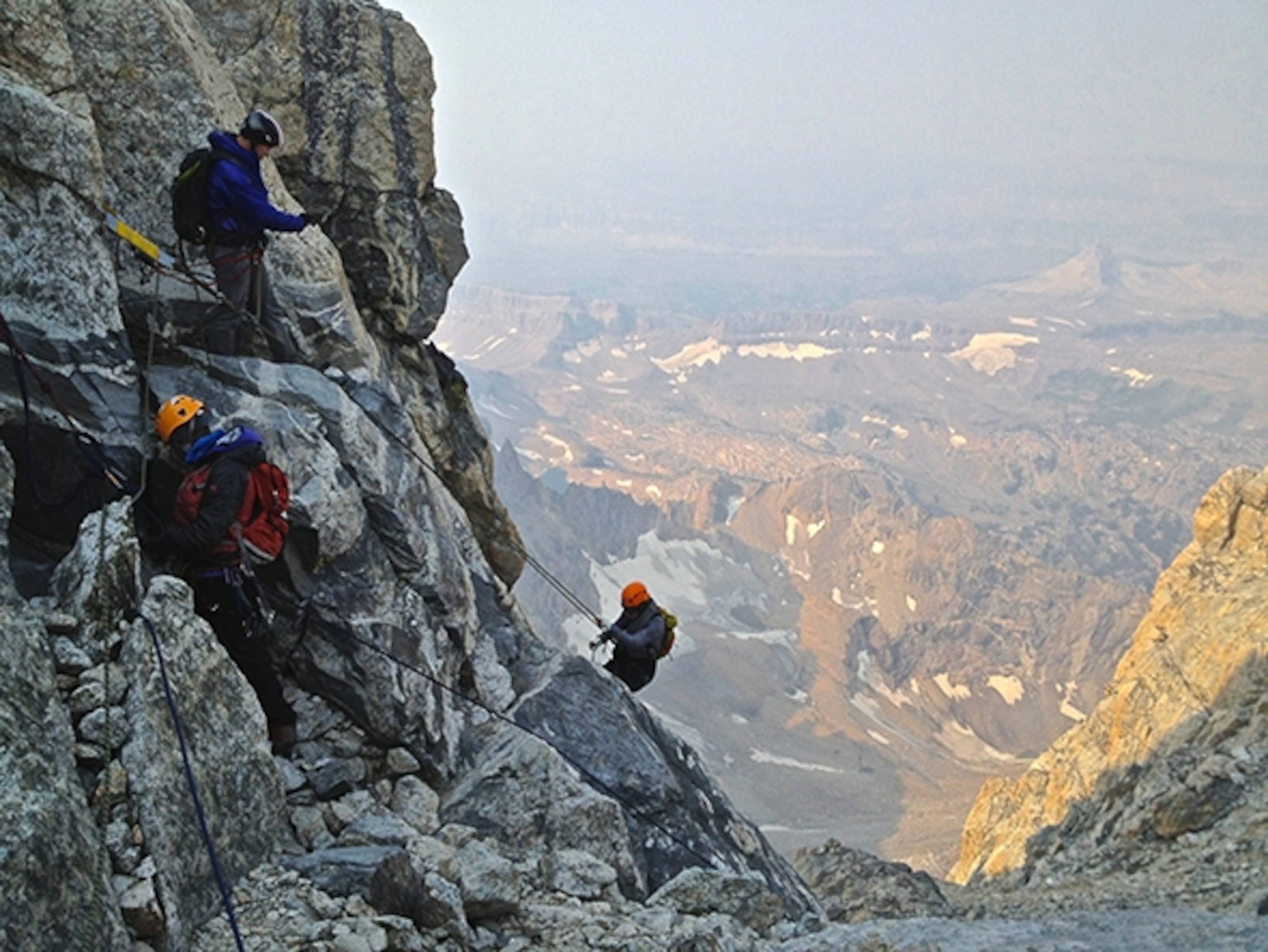 The work isn't over once you reach the top. Here we are rappelling down Exum Ridge (Photograph courtesy Rainer Jenss)