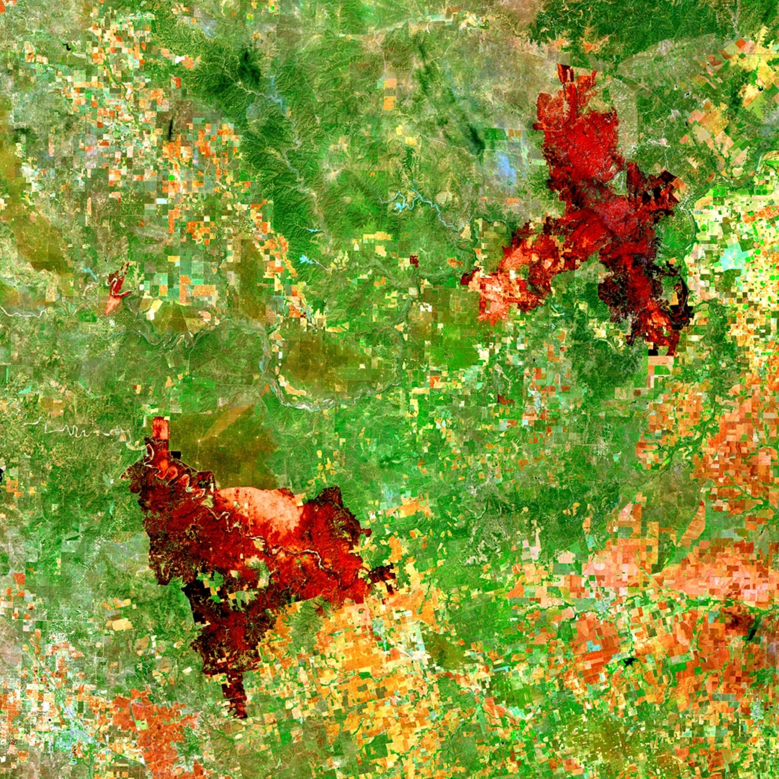 Satellite picture of Texas showing wildfire damage