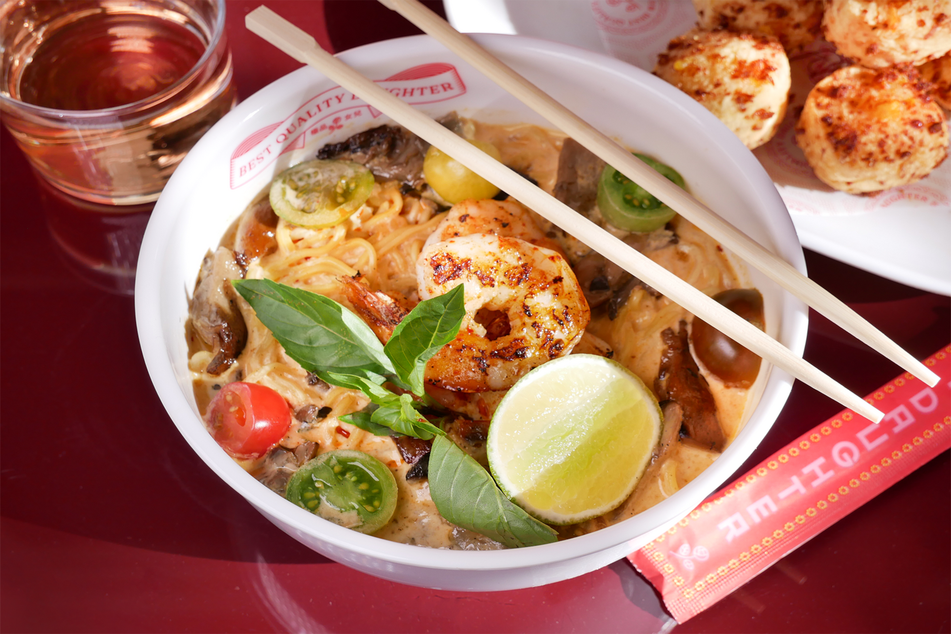 A bowl of creamy Tom Yum coconut noodles.