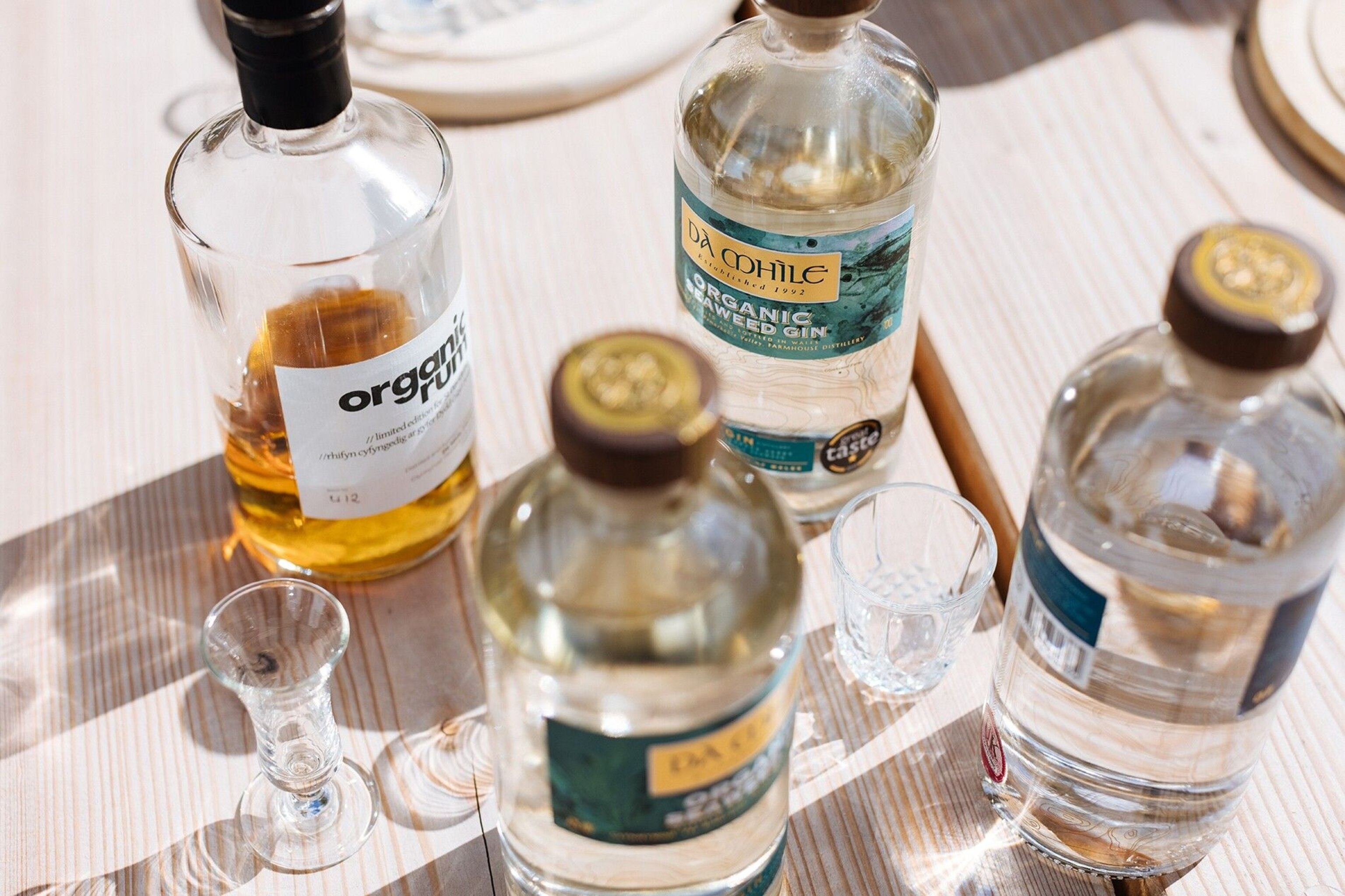 A selection of organic spirits (including Seaweed Gin) from the Dà Mhìle Distillery.