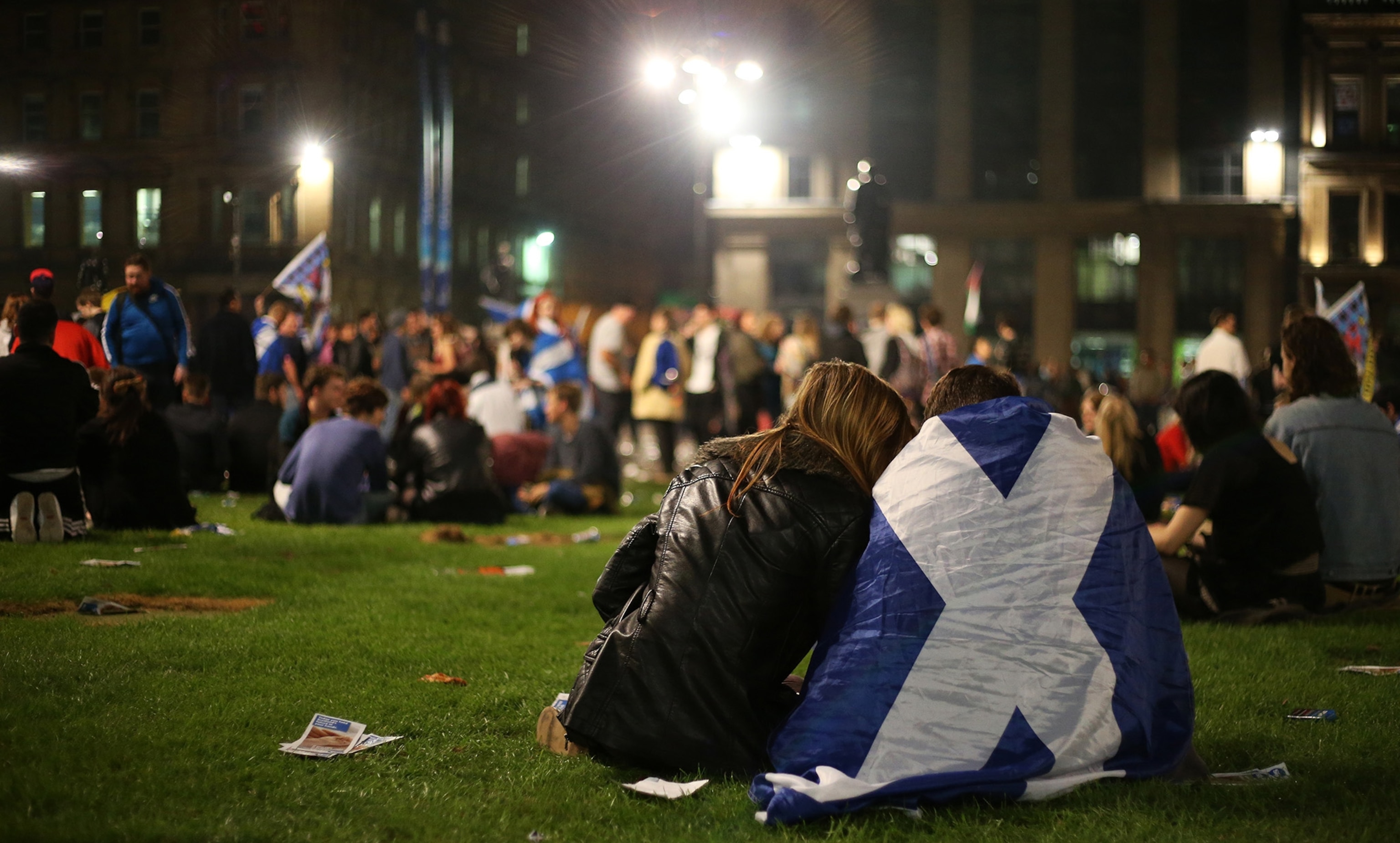Pro-union supporters celebrate as Scottish independence referendum results are returned at a 'Better Together' event in Glasgow, Scotland, on September 19, 2014.