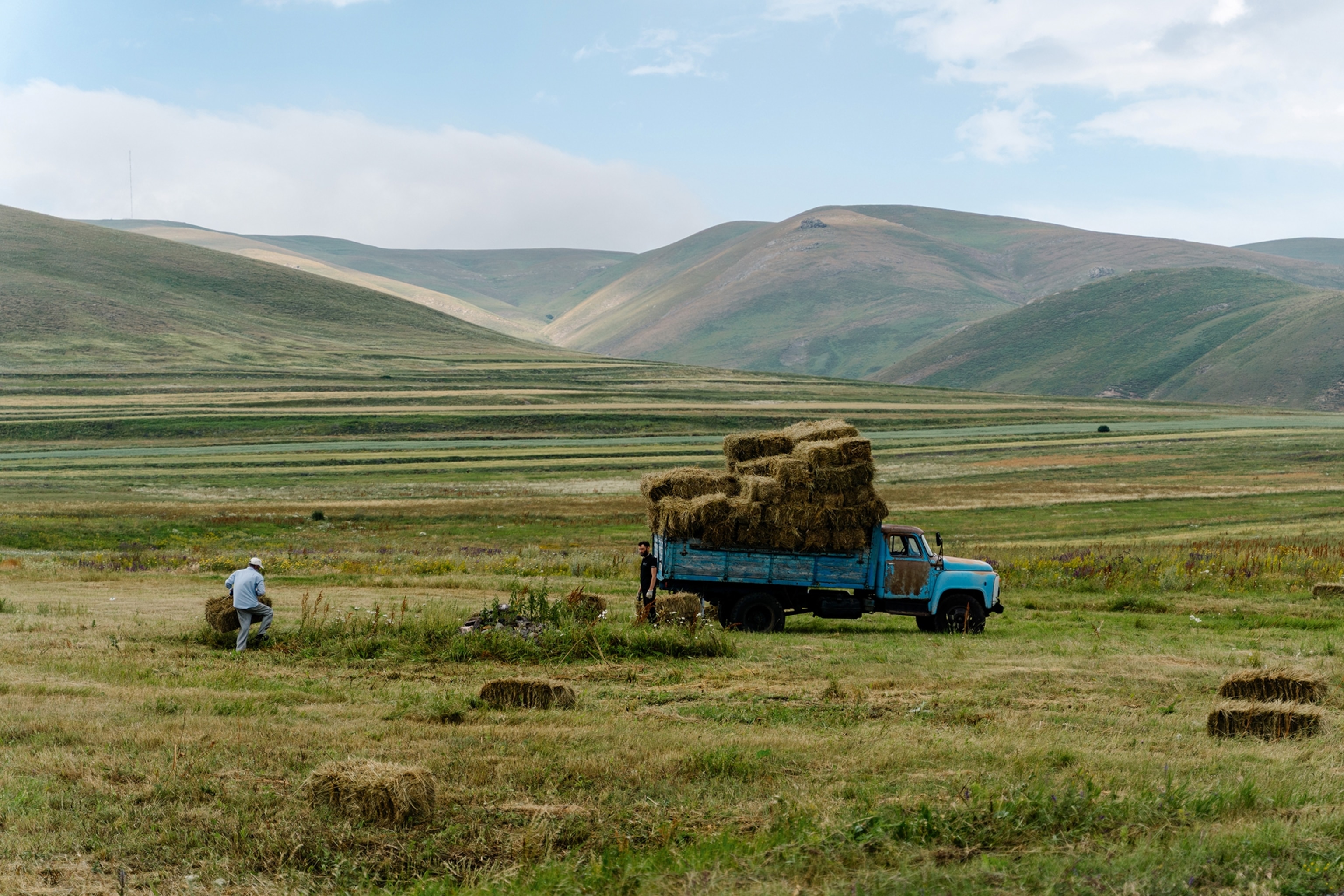 A farmer's truck parked on a field with rolling hills in the background, carrying a load of hay balls.