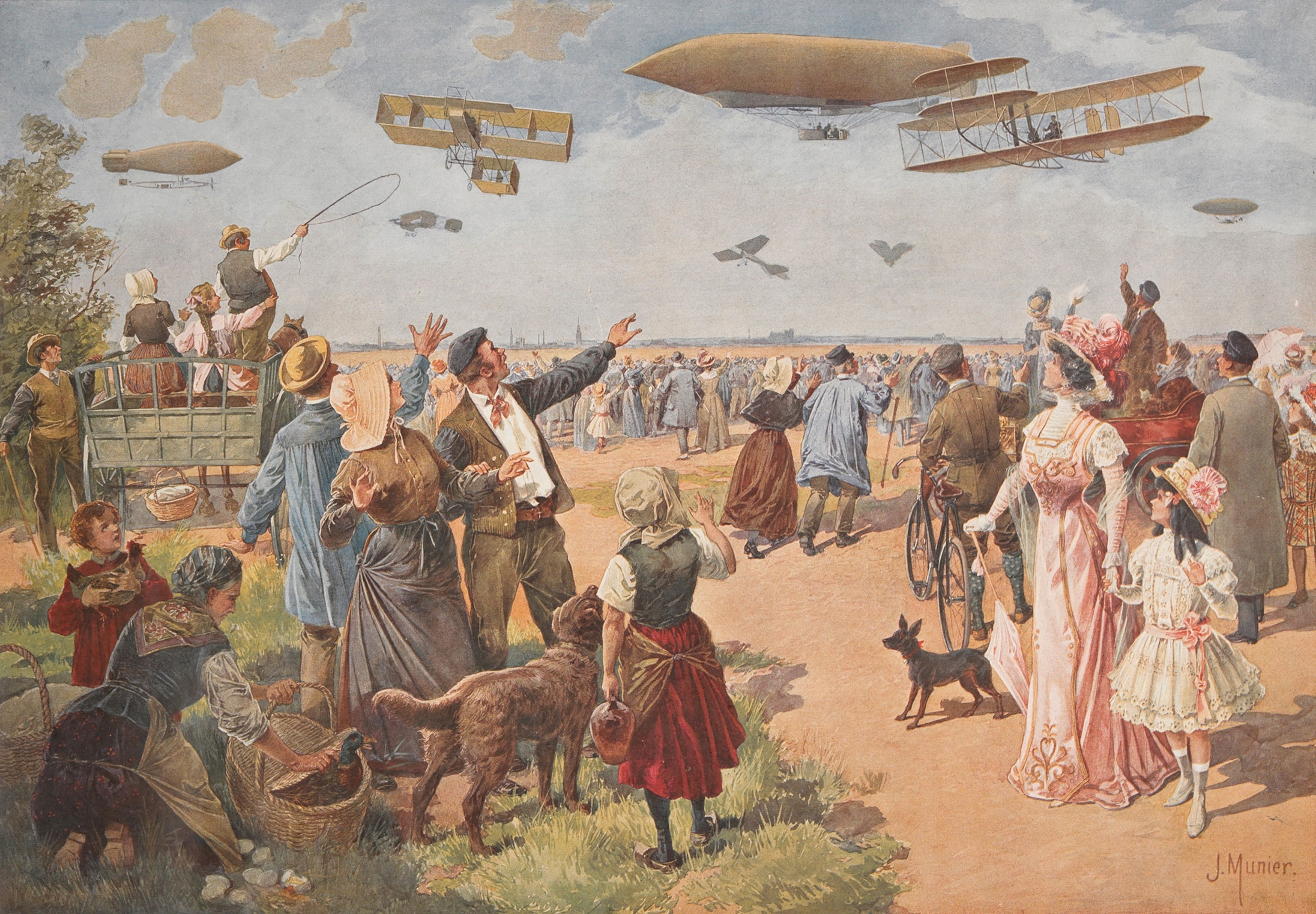 This circa 1908 illustration depicts an exposition aérienne (air show) in France, where crowds gathered to witness demonstrations of airplanes and airships at the dawn of aviation.