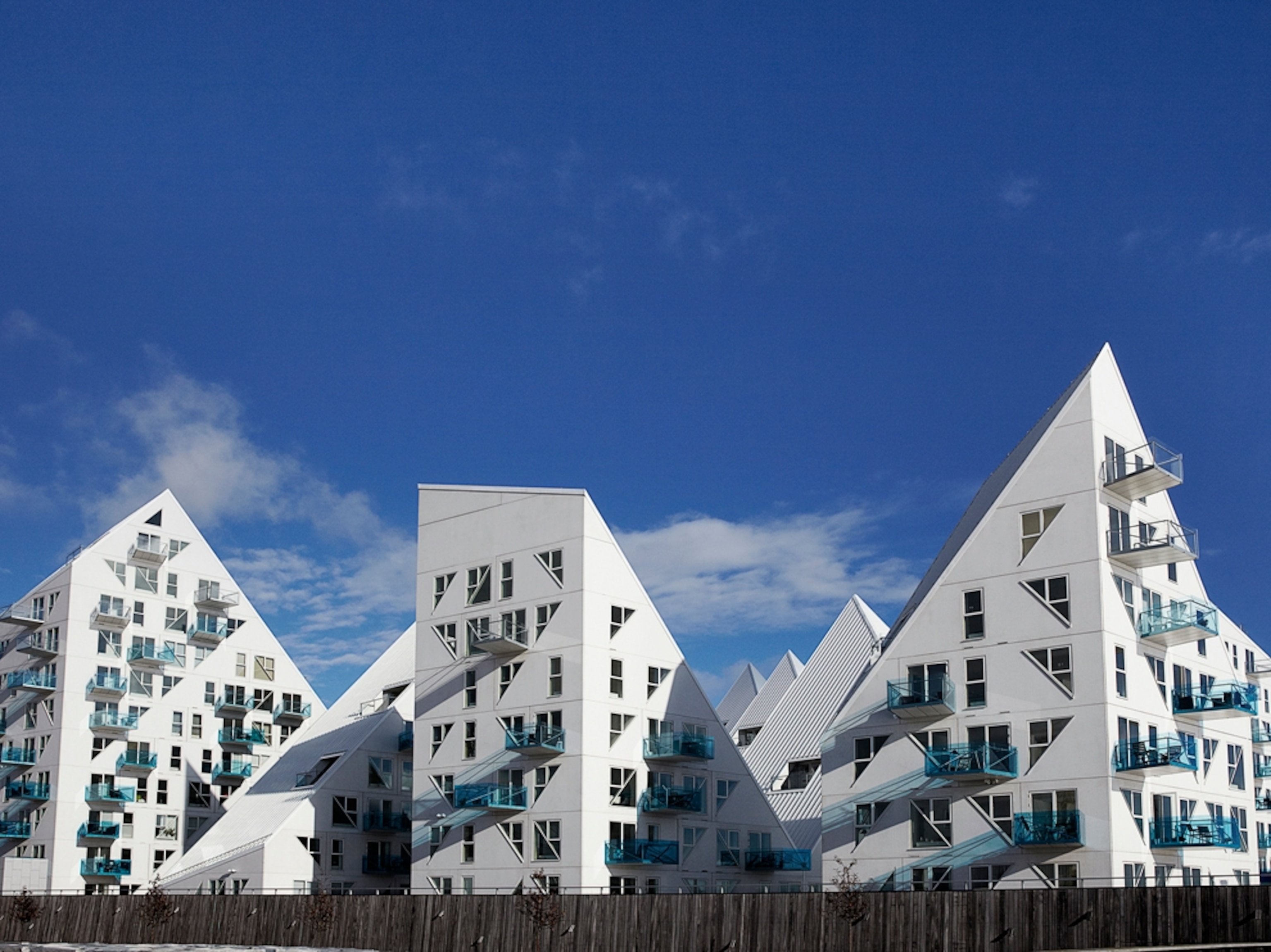 the Iceberg project, modern housing units overlooking Aarhus Harbor, Denmark.