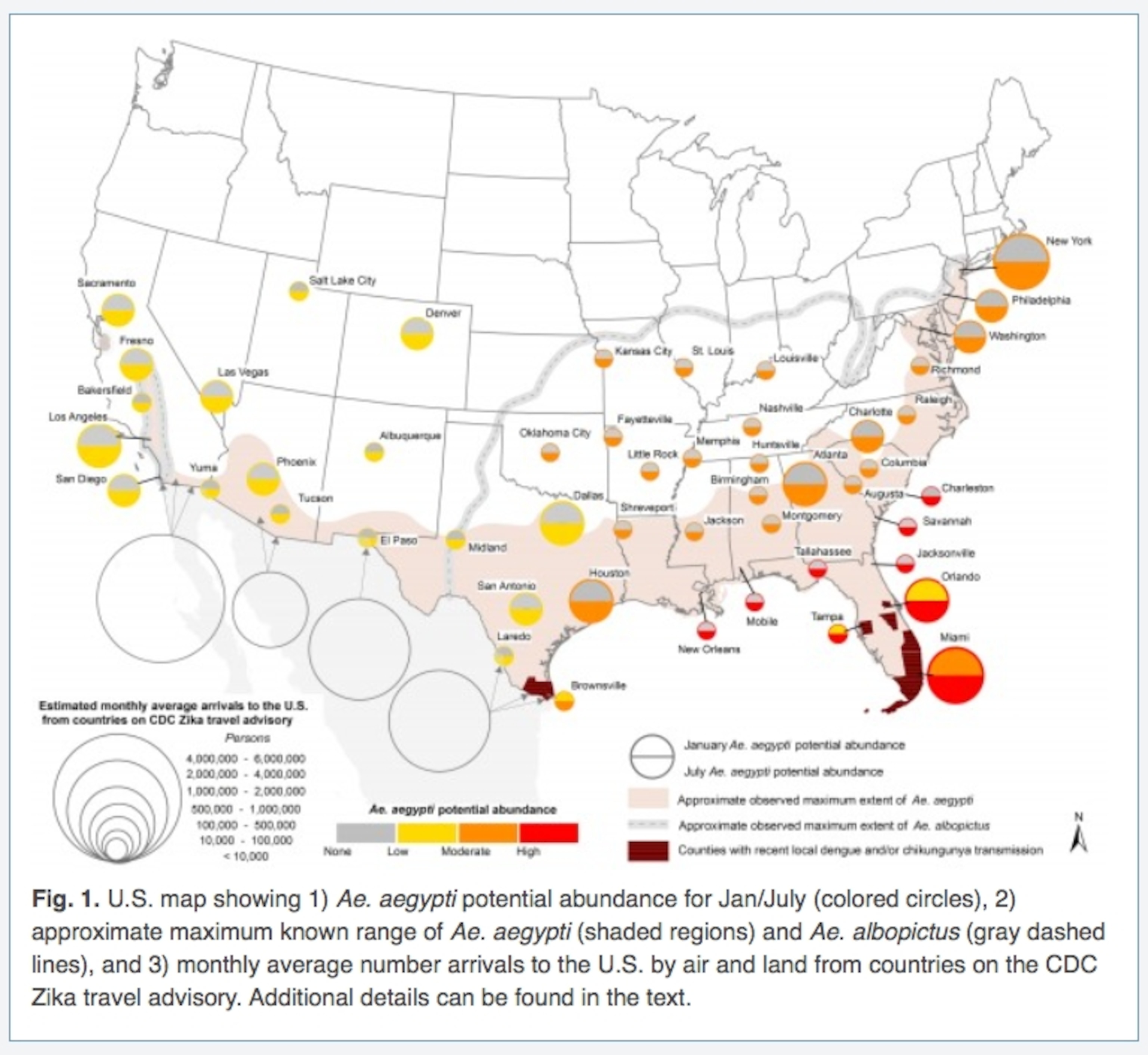 A map of cities most at risk for arrival and local transmission of Zika virus.