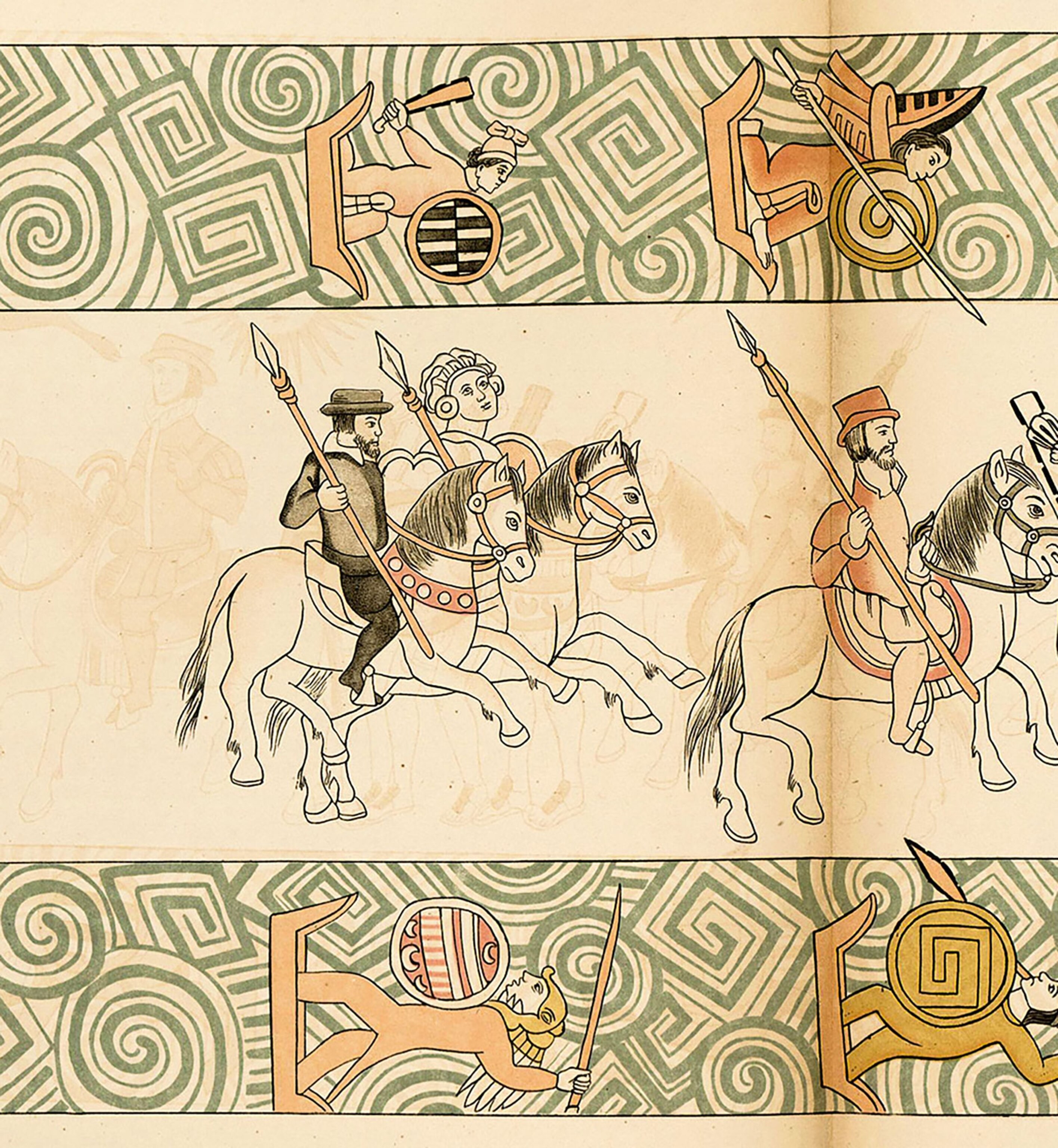 An illustrations show a woman on horseback next to a soldier in a procession