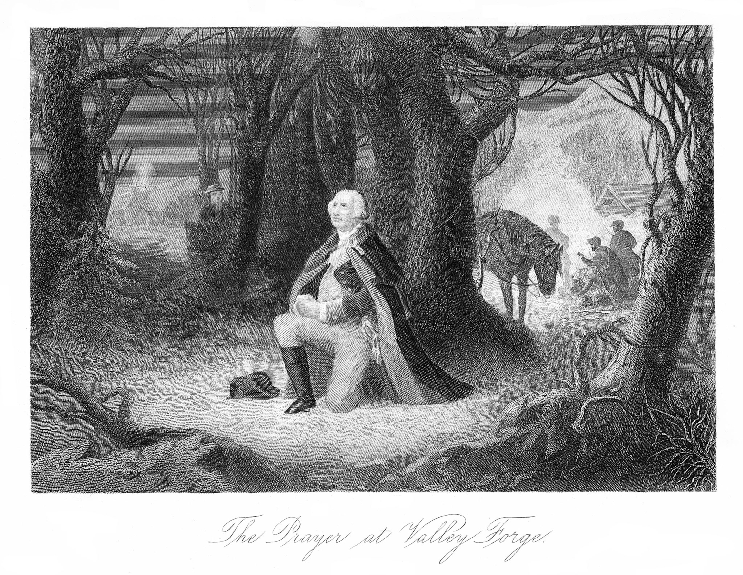 George Washington Prays as he camps with the Continental Army at Valley Forge, Pennsylvania, United States, American Revolution.