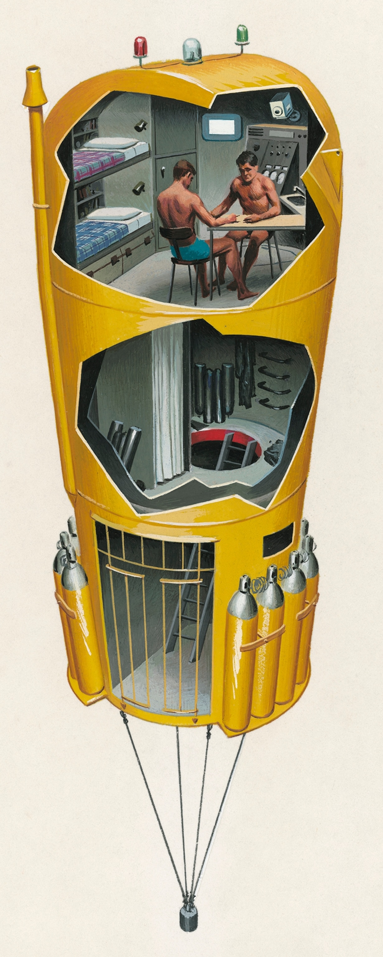 A cutaway illustration shows the inner workings of a submersible.